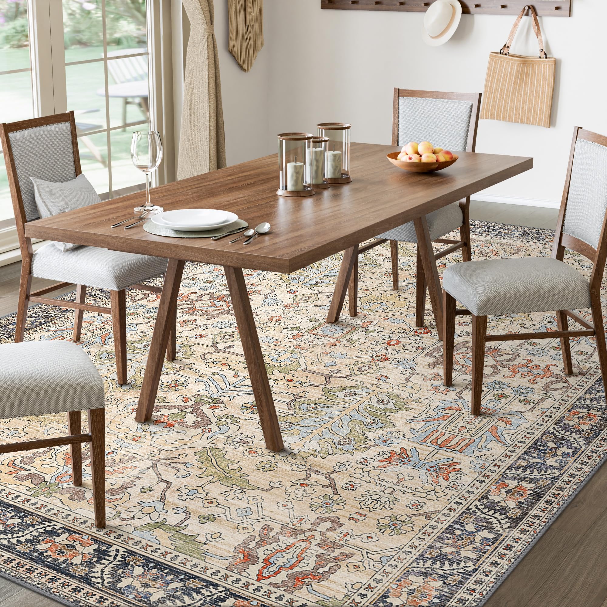 Bavni 6x9 Area Rugs Boho Washable Rugs for Living Room Non-Slip, Ultra Thin Low Pile Vintage Rug for Bedroom Dinning Room Office, Modern Farmhouse,