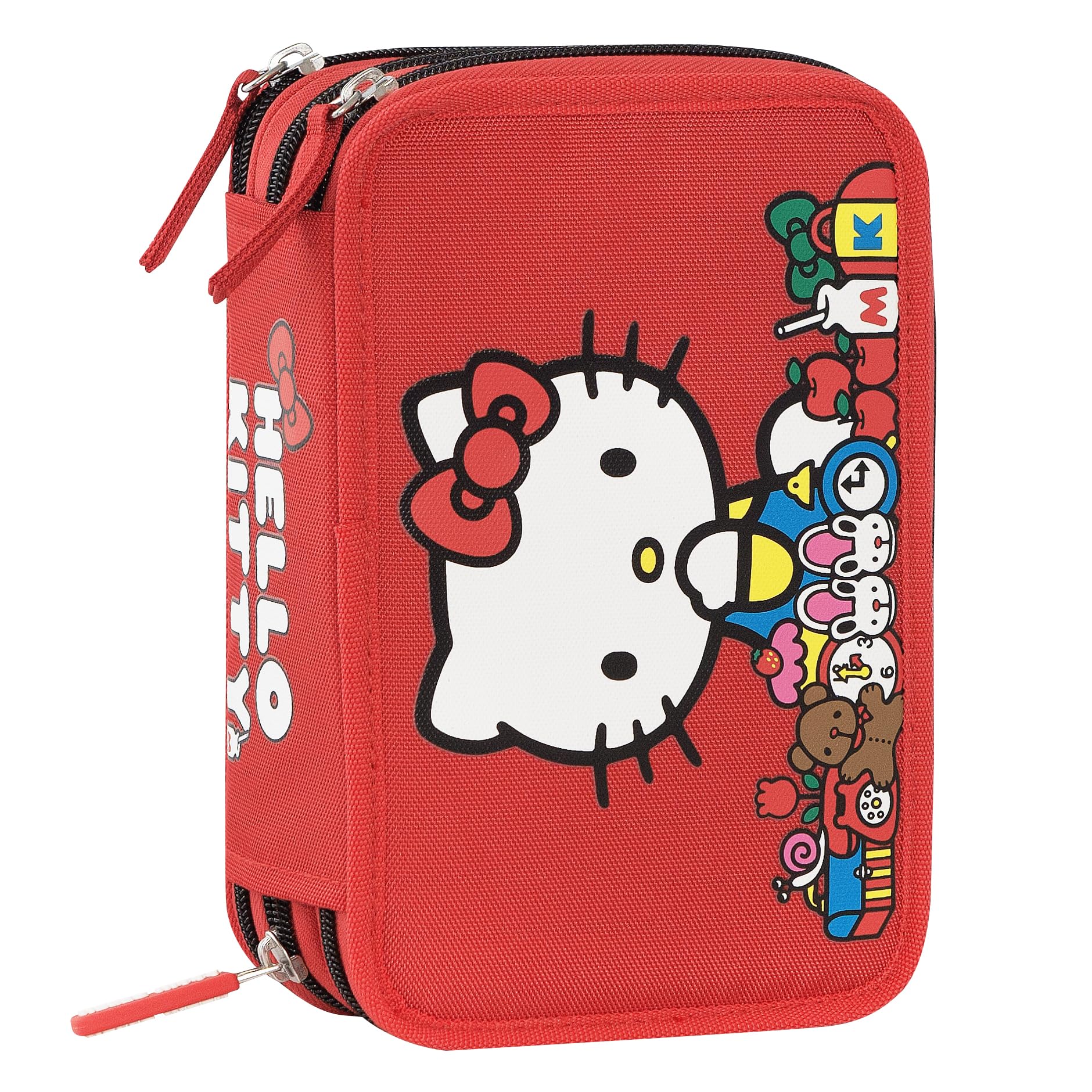 HELLO KITTY - Astuccio Scuola Ufficiale Hello Kitty, Astuccio 3 Scomparti Bambino e Bambina con Set Cancelleria, Penna Cancellabile Blu e Pratica Chiusura a Zip, 20x13Hx7 cm