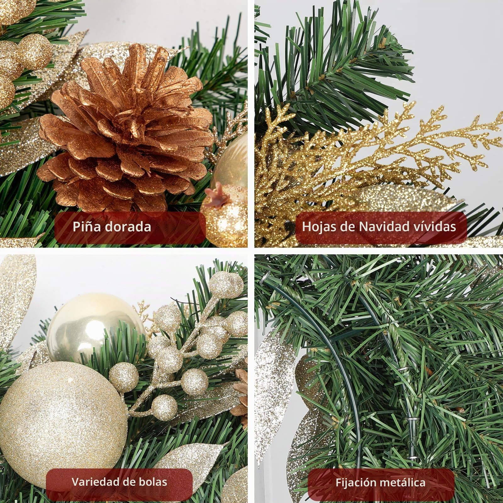 Corona de Navidad artificial de 24 pulgadas con rama artificial con purpurina, piñas, bolas decorativas de Navidad para puerta de casa, decoración de pared o decoración navideña, decoración de