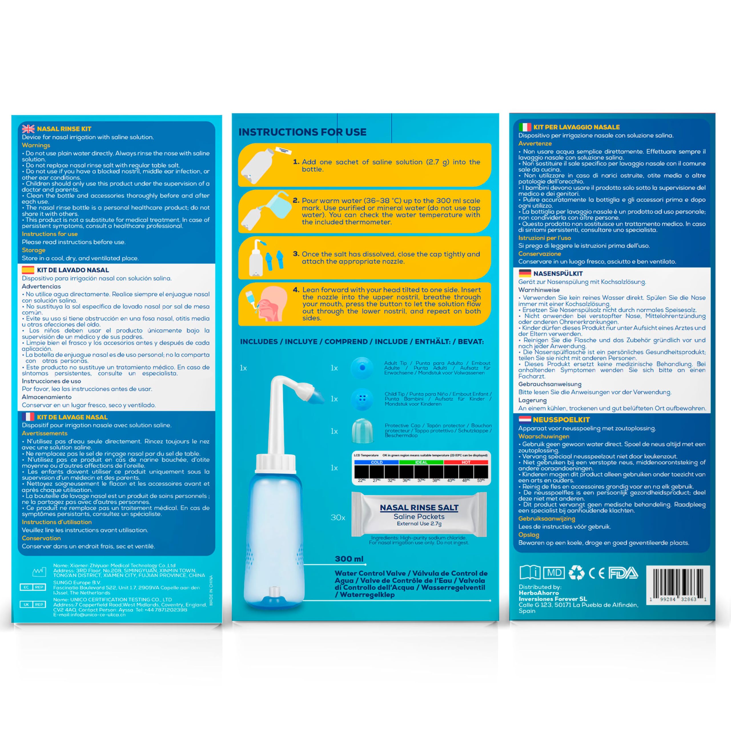 Kit de Lavado Nasal con Válvula de Control de Agua – Irrigador Nasal con 30 Sobres de Sal – Puntas para Adultos y Niños – Limpieza Nasal Diaria - Incluye termometro - Capacidad de 300ml