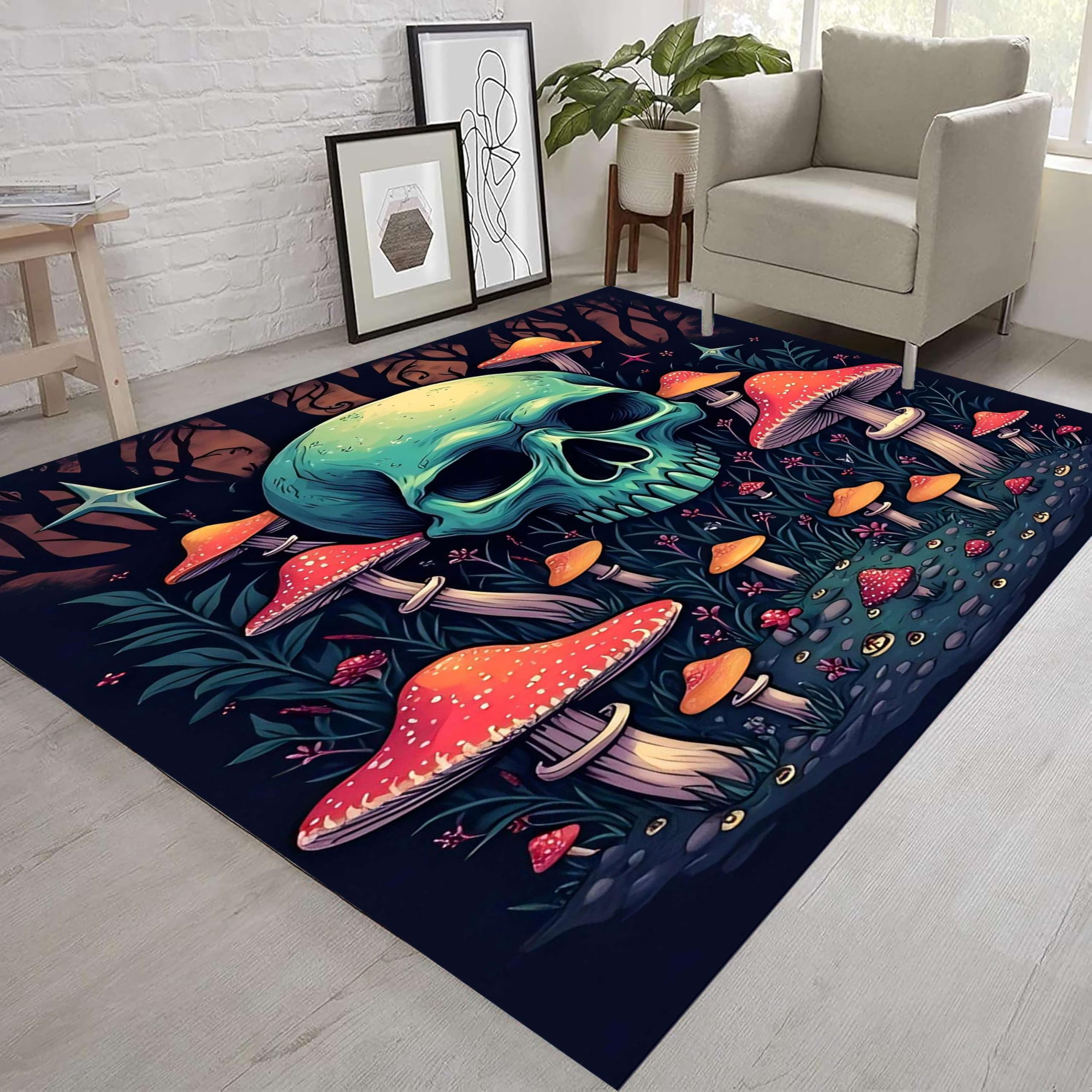 Skull Carpet, 180x230cm, Forest Tree Dark Night Mushroom Gothic Horror Theme Indoor Rug, Machine Washable Low Pile Non-Slip Carpet, Large Area Rugs for Indoor Decoration for Living Room Dining Room