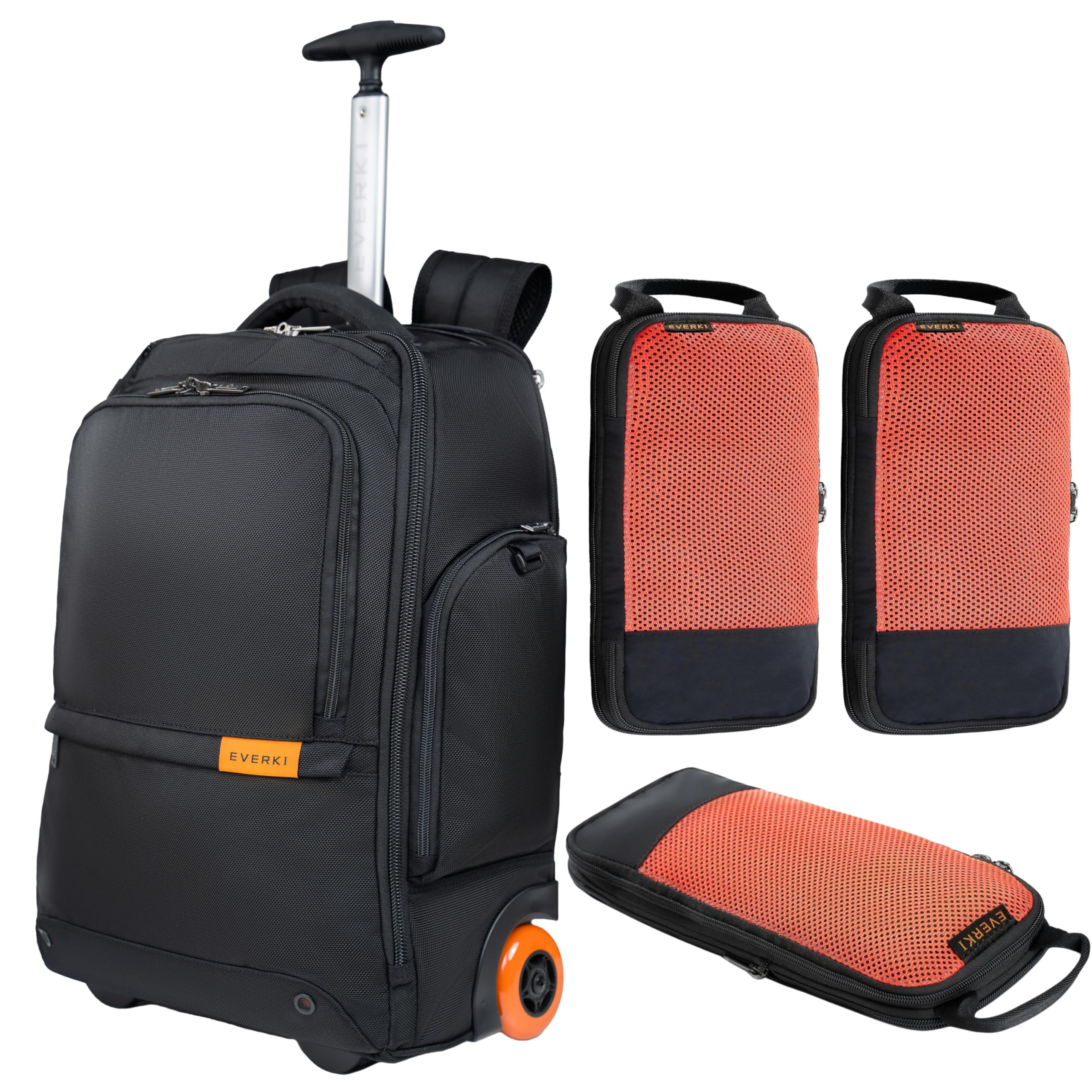 Everki Wheeled 123 Mochila para portátil con Ruedas – para 15,6" y MacBook 16", Equipaje de Mano con Ruedas reemplazables + Juego 3 Cubos de compresión
