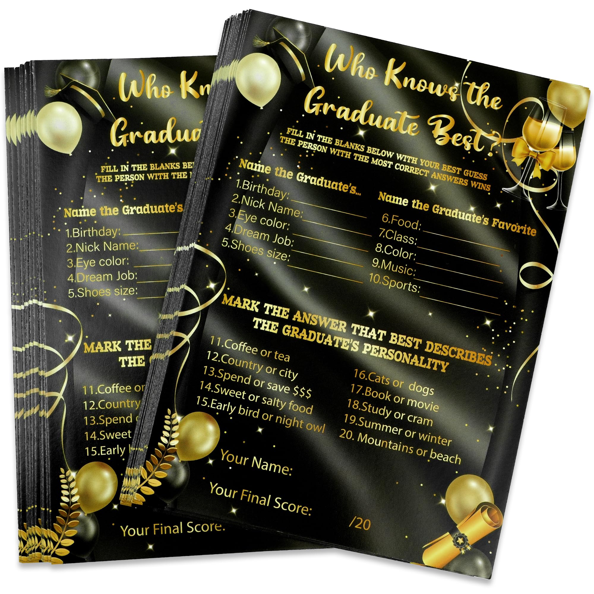 KatchOn, Black and Gold Who Knows The Graduates Best - Pack of 36 | Graduation Games for Parties 2025 | graduation Game Cards, College party