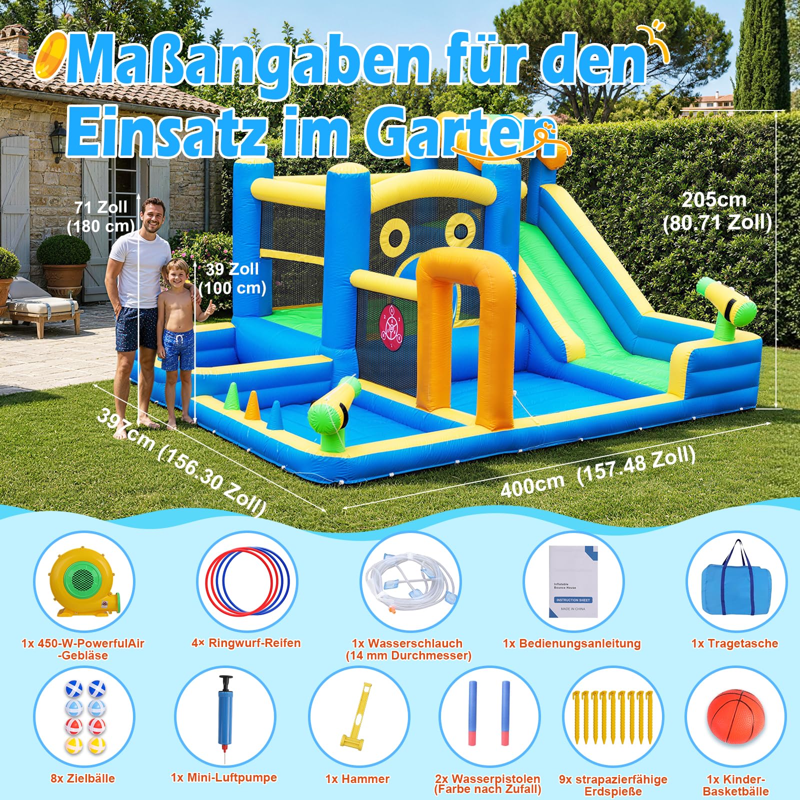 Casa di rimbalzo per bambini, AONESY Castello di rimbalzo gonfiabile con scivolo d'acqua, spruzzatori d'acqua, arrampicata, salto, Area di calcio e canestro per il cortile all'aperto dell'interno