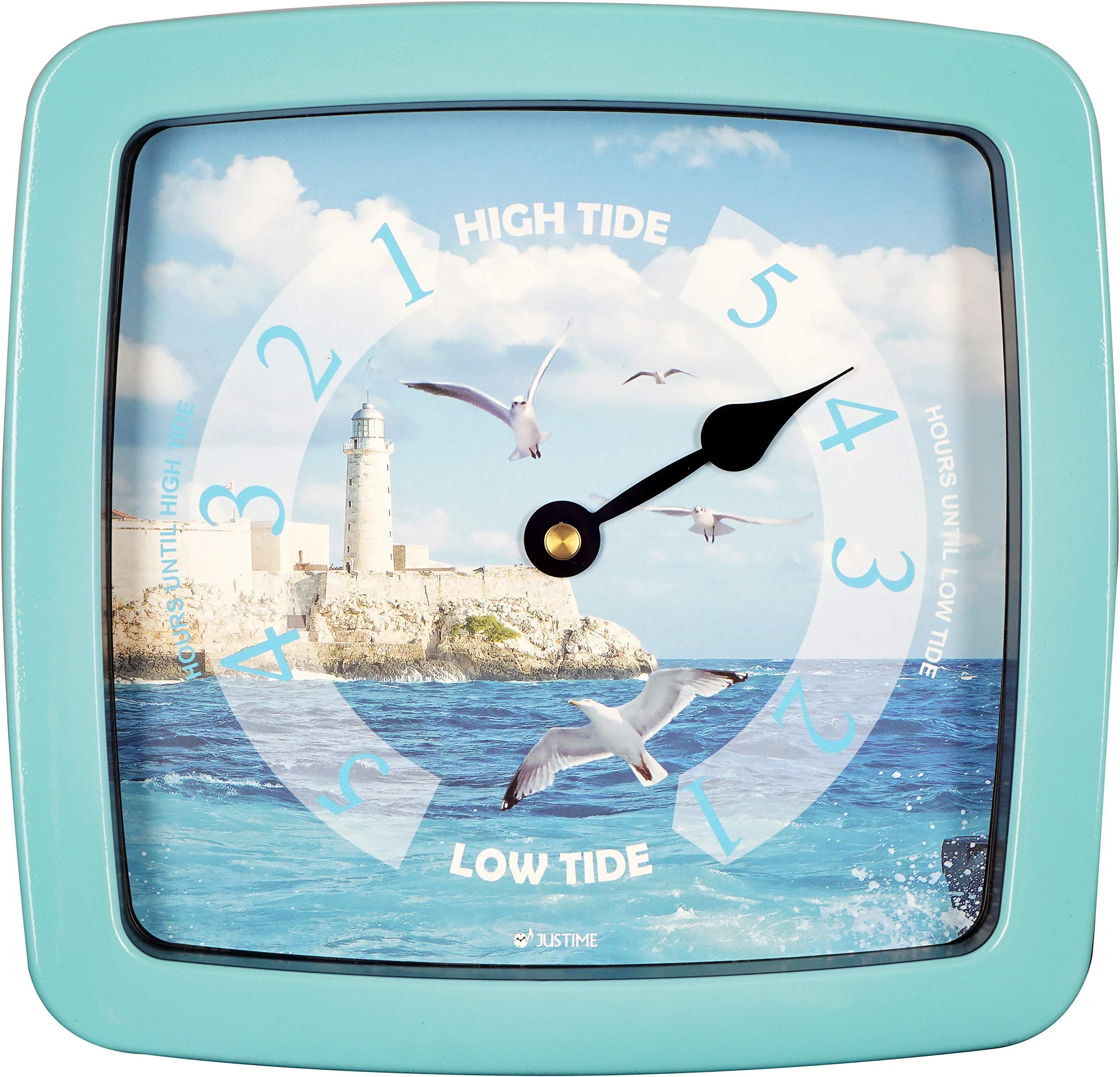 JUSTIME 8.5 Inch Atlantic Tide Clock for East Coast, High Tide Low Tide Clock with Plastic Water Resistant Case, Colorful Graphics Designed Home Wall Décor (TT422SB Tower Sky Blue)