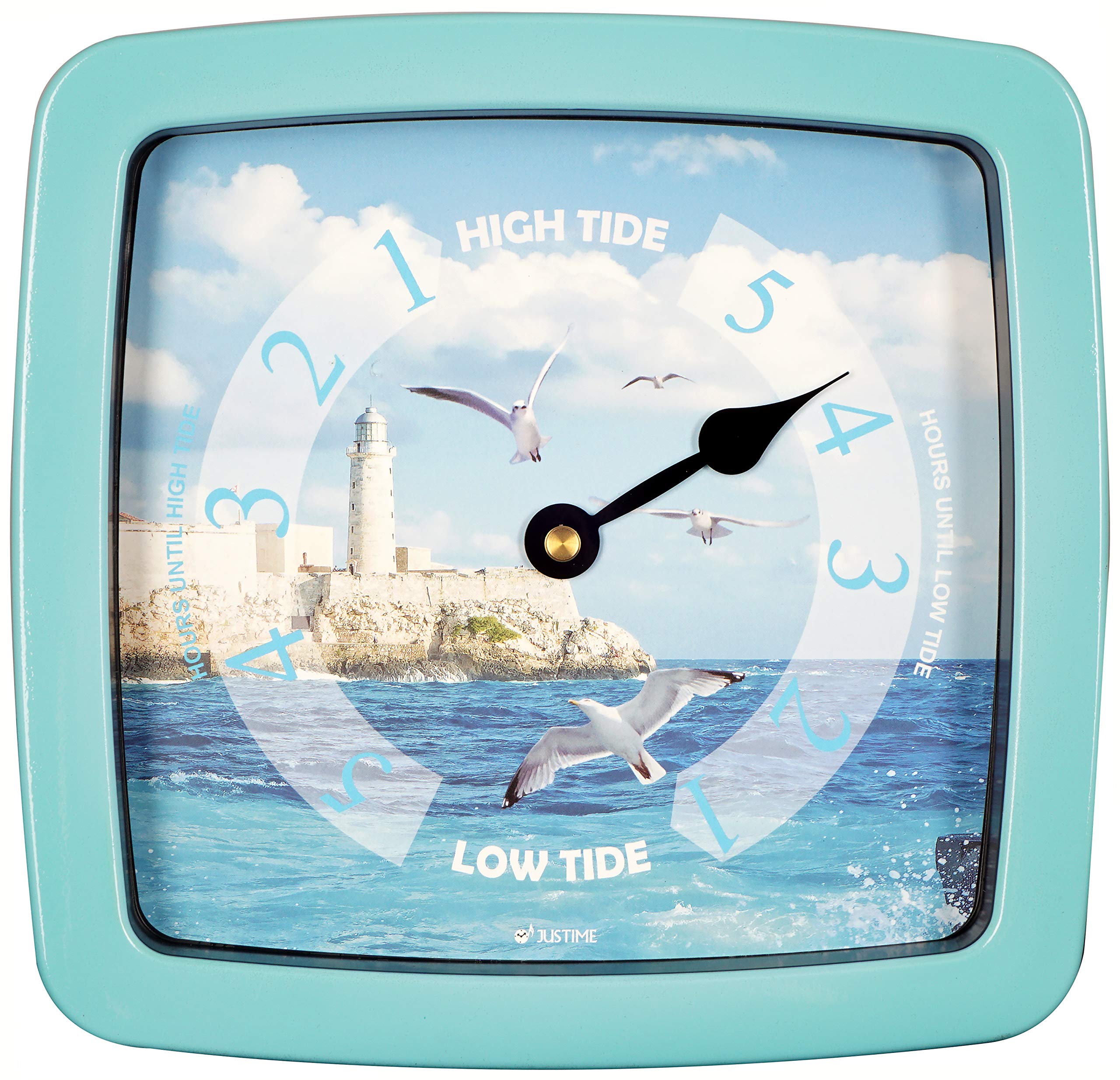 JUSTIME 8.5 Inch Atlantic Tide Clock for East Coast, High Tide Low Tide Clock with Plastic Water Resistant Case, Colorful Graphics Designed Home Wall Décor (TT422SB Tower Sky Blue)