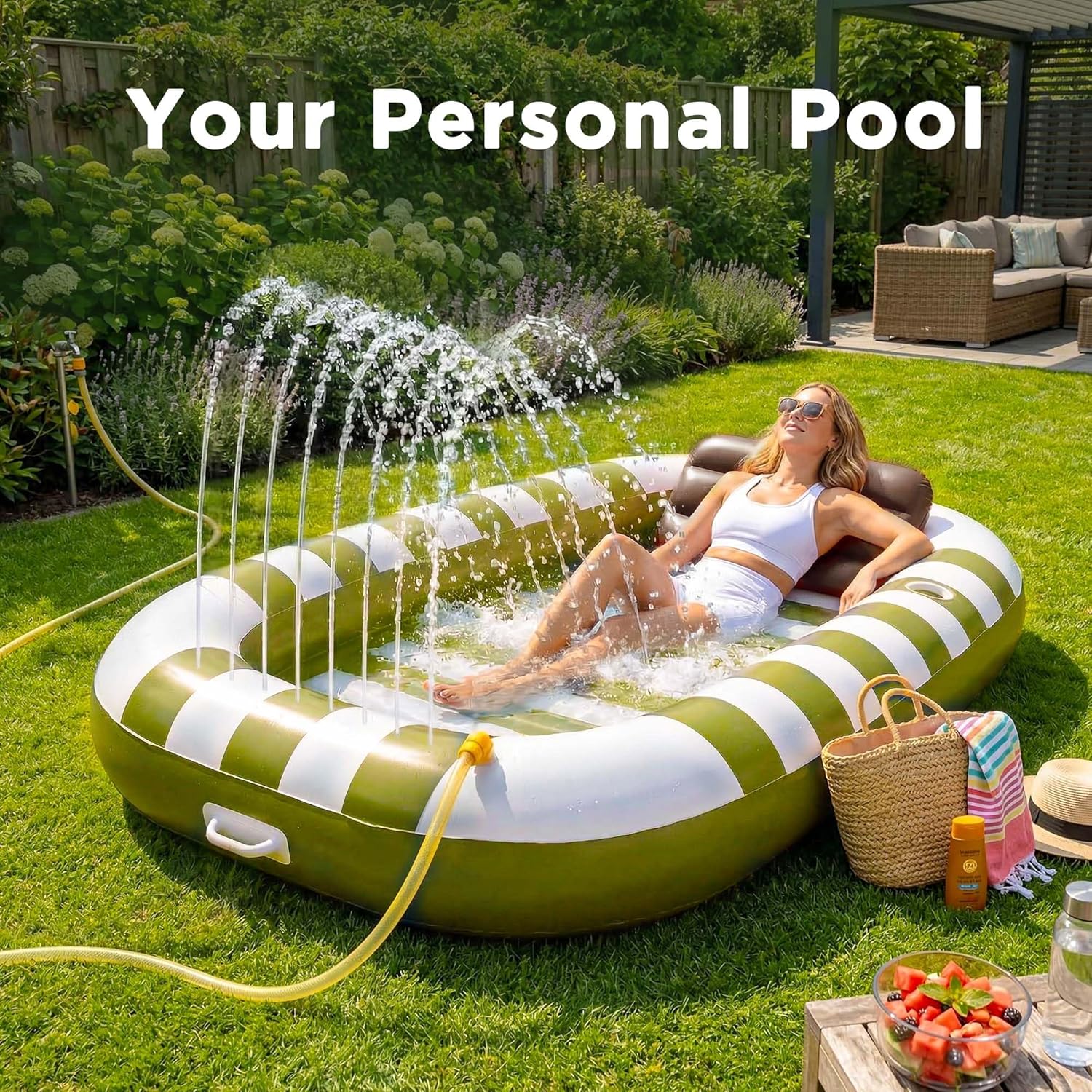Funscape Inflatable Tanning Pool Floats W/Water Sprinkle, Floating Pool Lounger Floties for Adults, Blow up Sun Bath Tan Bed, Swim Raft Water Mat W/Pillow, Beach Lake Yard Summer Party Gifts (Green)