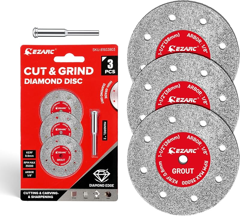 EZARC 1-1/2 Diamond Cutting Wheel for Cutting Sharpening Carving, 0.6mm Kerf, 1.5" x 1/8" Tile Cutting Wheel 3-Pack, Rotary Tool Cutting Disc Accessories Include Mandrel