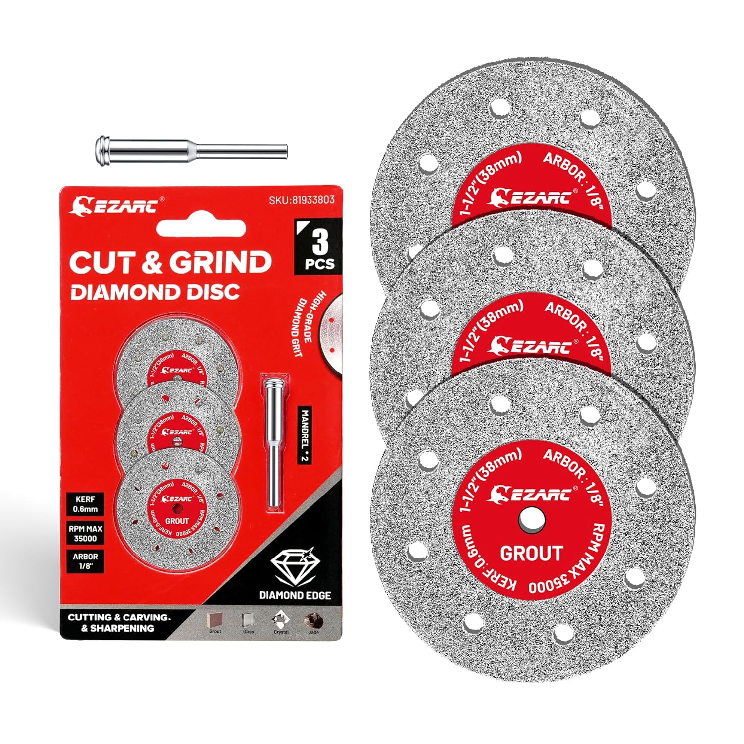 EZARC 1-1/2 Diamond Cutting Wheel for Cutting Sharpening Carving, 0.6mm Kerf, 1.5" x 1/8" Tile Cutting Wheel 10-Pack, Rotary Tool Cutting Disc Accessories Include 2 Mandrels