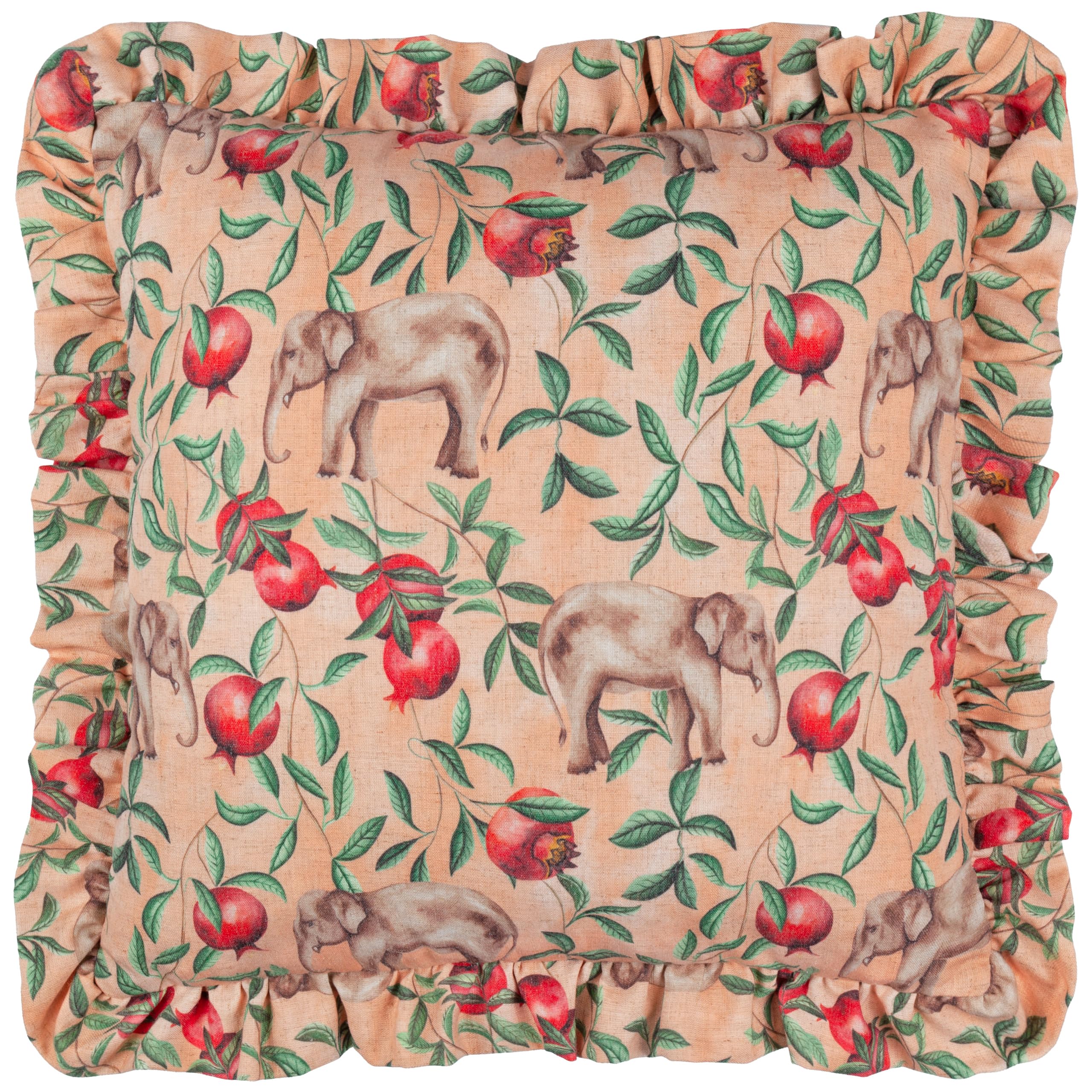 Wylder Tropics Okara Elephant Printed Ruffle Cushion in Peach | Size: 50cm x 50cm
