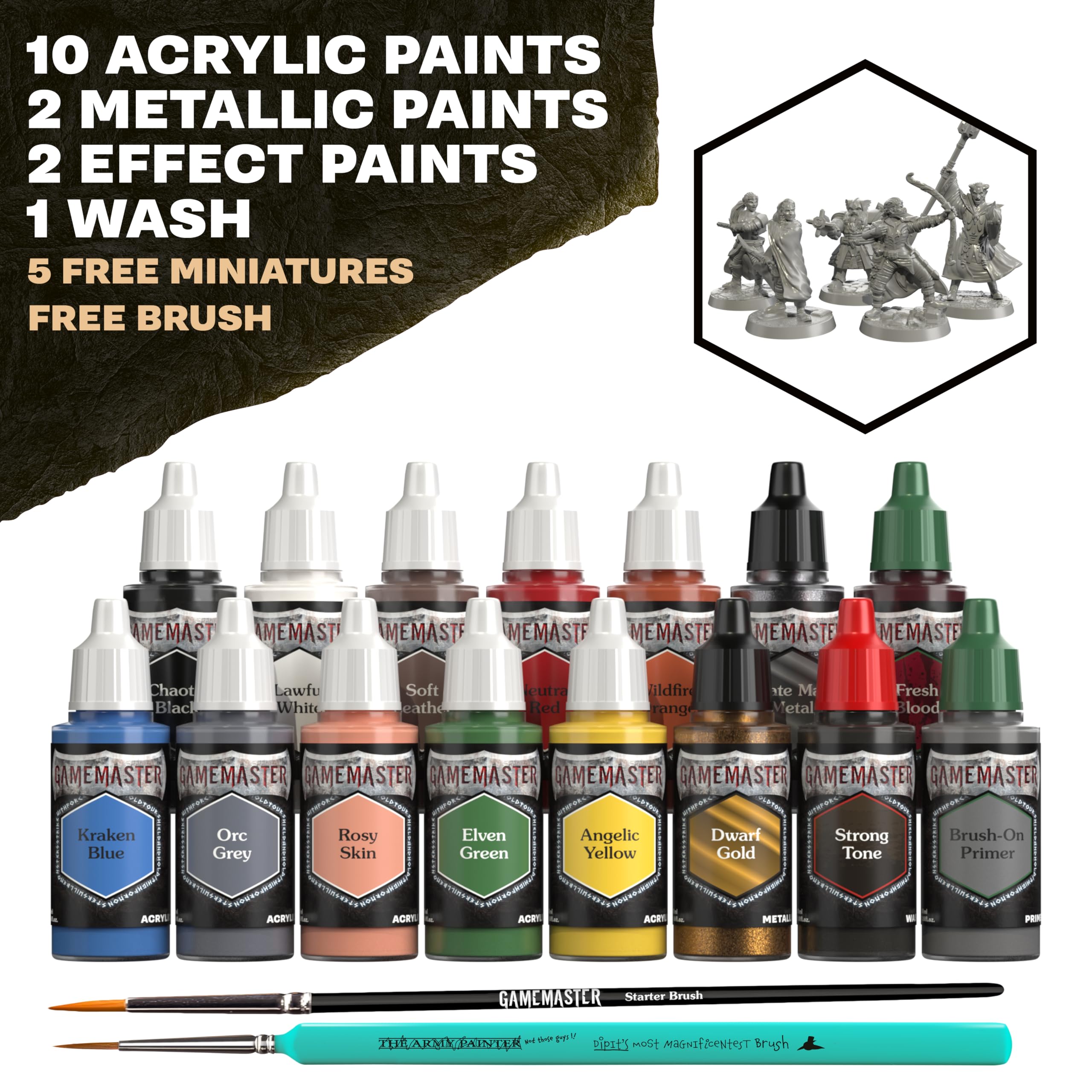 The Army Painter, GameMaster: Adventure Starter Role-playing Paint Set Combo, 15 x 18 ml Fanatic Modellbau Farben, inkl. Grundierung, 5 Tabletop Figuren & 2 Pinsel - Für Dnd & Warhammer