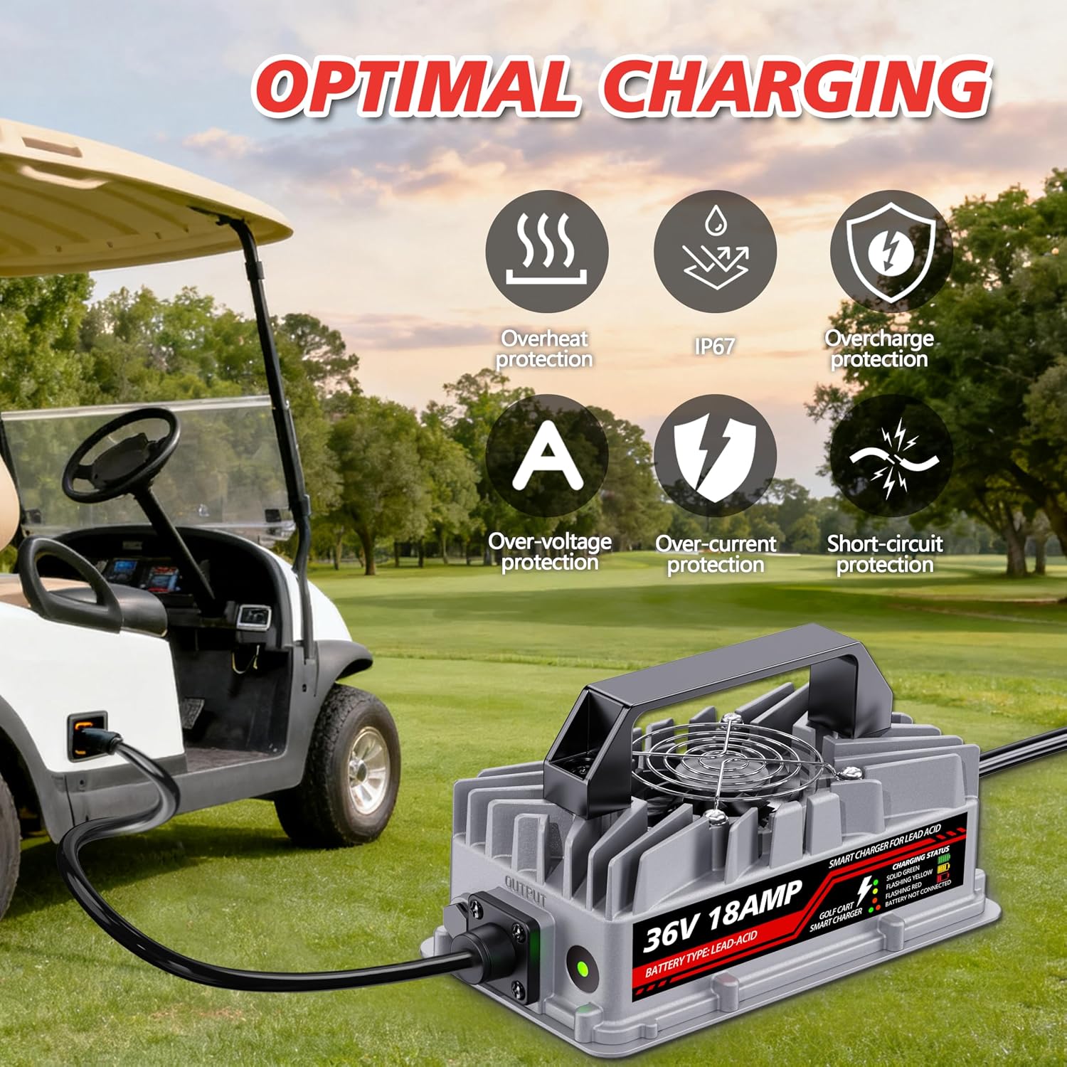 18 Amp 36 Volt Golf Cart Battery Charger for EZGO & Yamaha - Crowfoot Plug, Smart Charger for Lead-Acid Batteries, IP67 Waterproof, Multi-Protection, Unique Design (Silver)