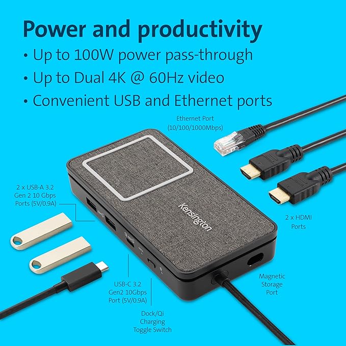 Kensington Hub USB-C con Carga Qi, Dual HDMI 4K@60Hz, 100W PD miniatura 4