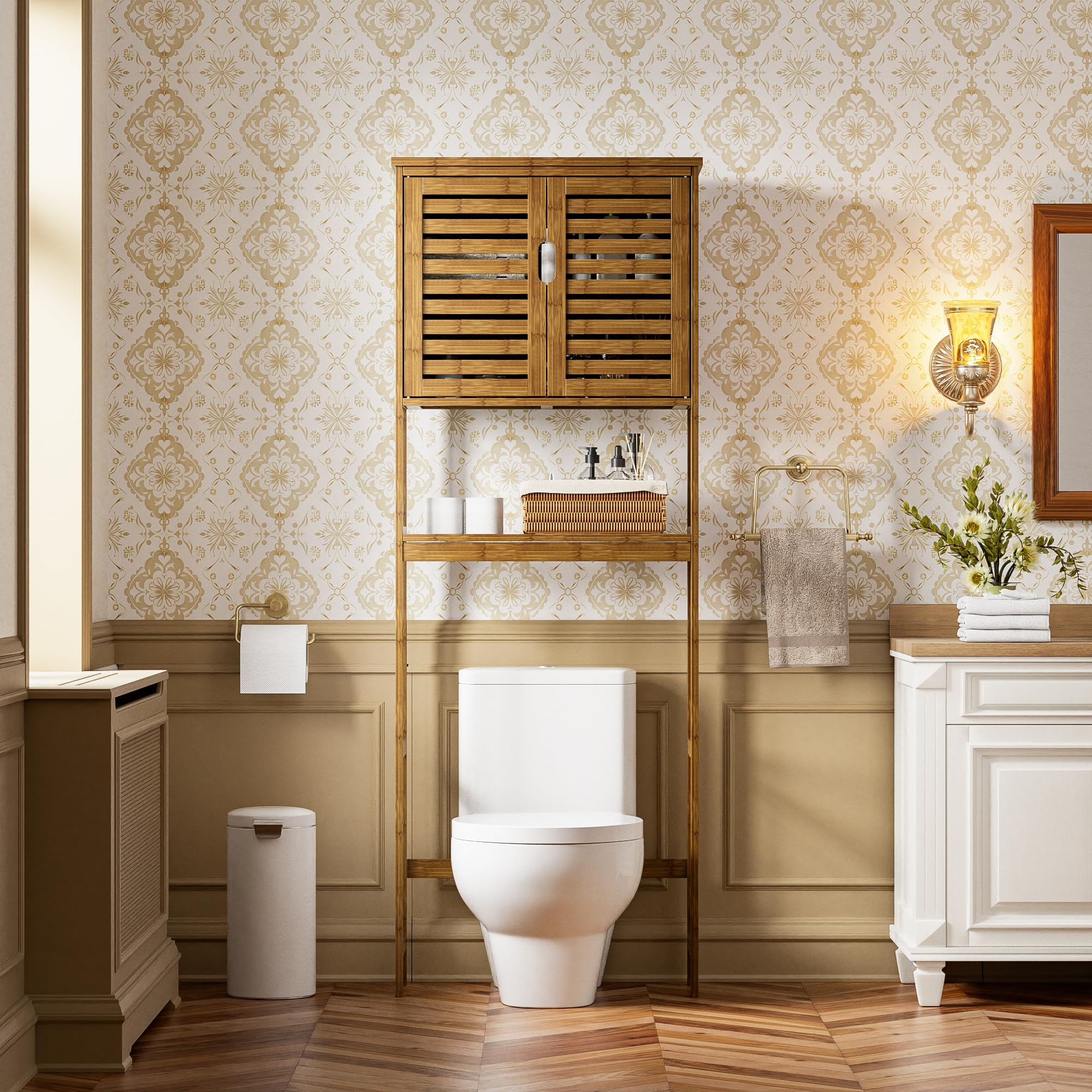 SMIBUY Bad Lagerung Regal mit Schrank, Bambus über die Toilette Veranstalter Rack, freistehende Toilette Platzsparer mit 3-Tier verstellbare Regale (Walnuss)