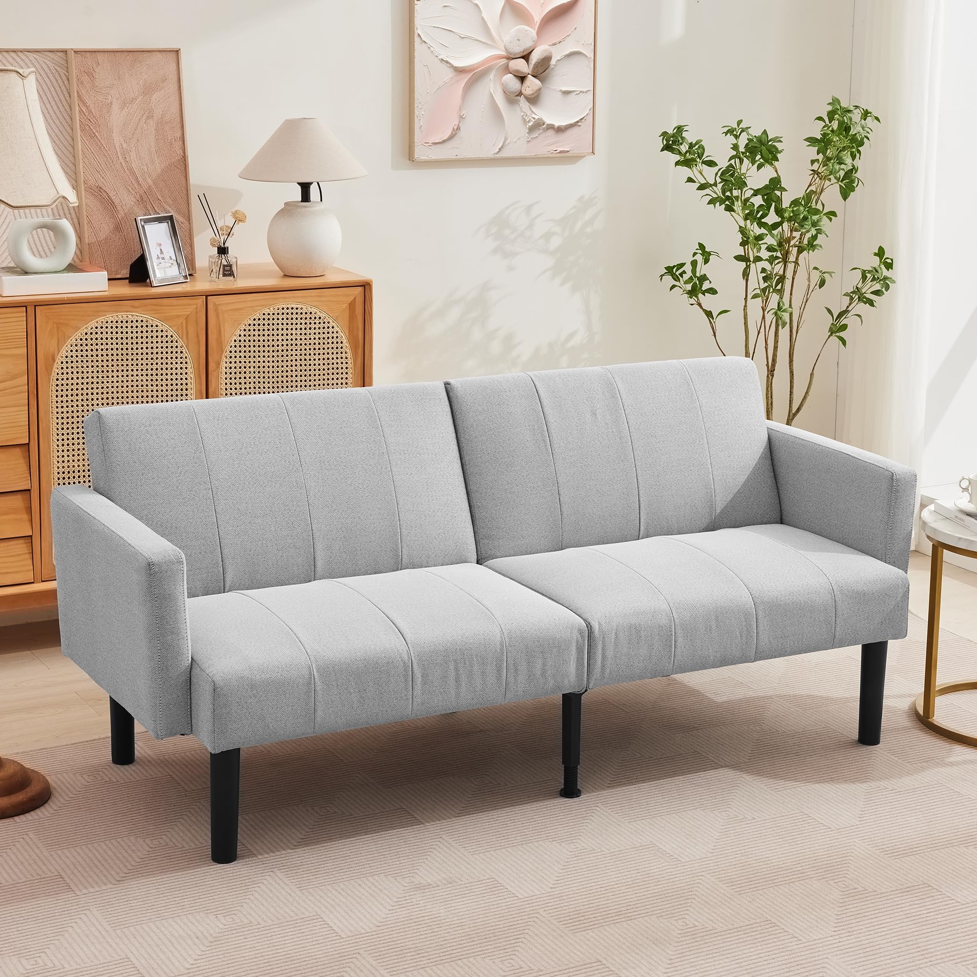 Photo 1 of ***BROWN/NOT EXACT TO STOCK IMAGE*** Garvee 75.5'' Convertible Futon Sofa Bed, 3-Seater Loveseat with Adjustable Backrest, Wooden Frame, Vertical Stripe Linen Fabric, Sleeper Couch for for Living Room, Bedroom, Apartment, Grey