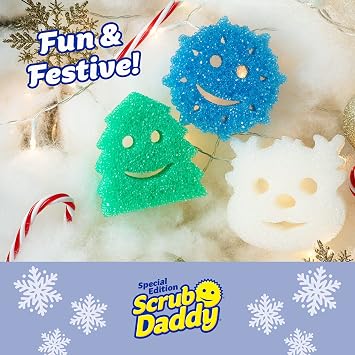 Scrub Daddy Sponge Set - Holiday Shapes - Non Scratch Scrubbers for Dishes and Home, Odor Resistant, Temperature Controlled, Soft in Warm Water, Firm in Cold, Deep Cleaning, (3 Count (Pack of 1))
