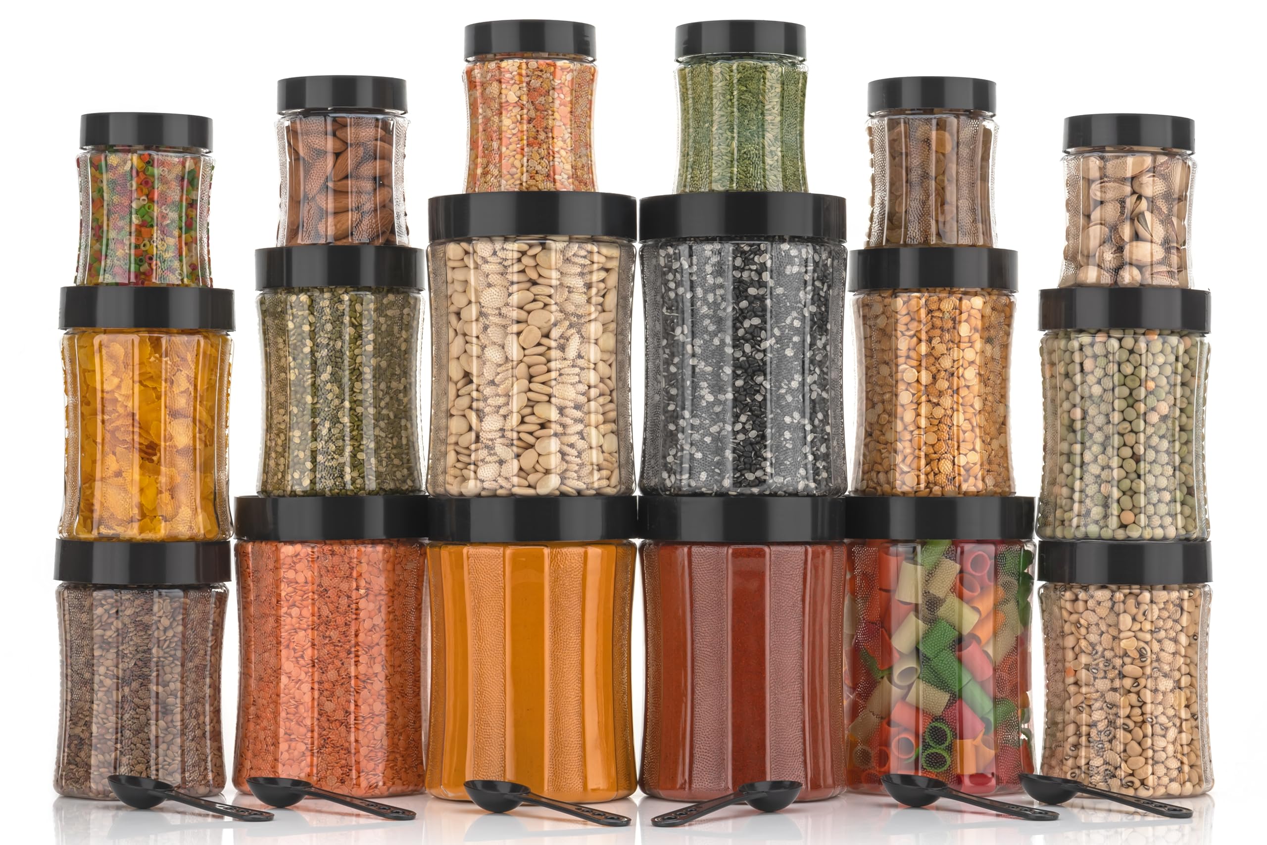 Transparenter Küchenbehälter – gebogene Form, Kunststoff-Lebensmittelaufbewahrung, Dabba-Gläser mit luftdichtem Deckel, Löffel, 1200 ml, 650 ml, 350 ml und 250 ml Behälter für Hülsenfrüchte