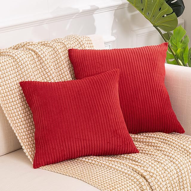 Amazon Brand - Umi Cushion Covers 16x16 inch - Striped Flannel Cushion Covers 40 x 40 cm / Decorative Square Pillowcase - for Living room, Bedrooms, Sofa, Chair, Car, Bed (Set of 2, Red)