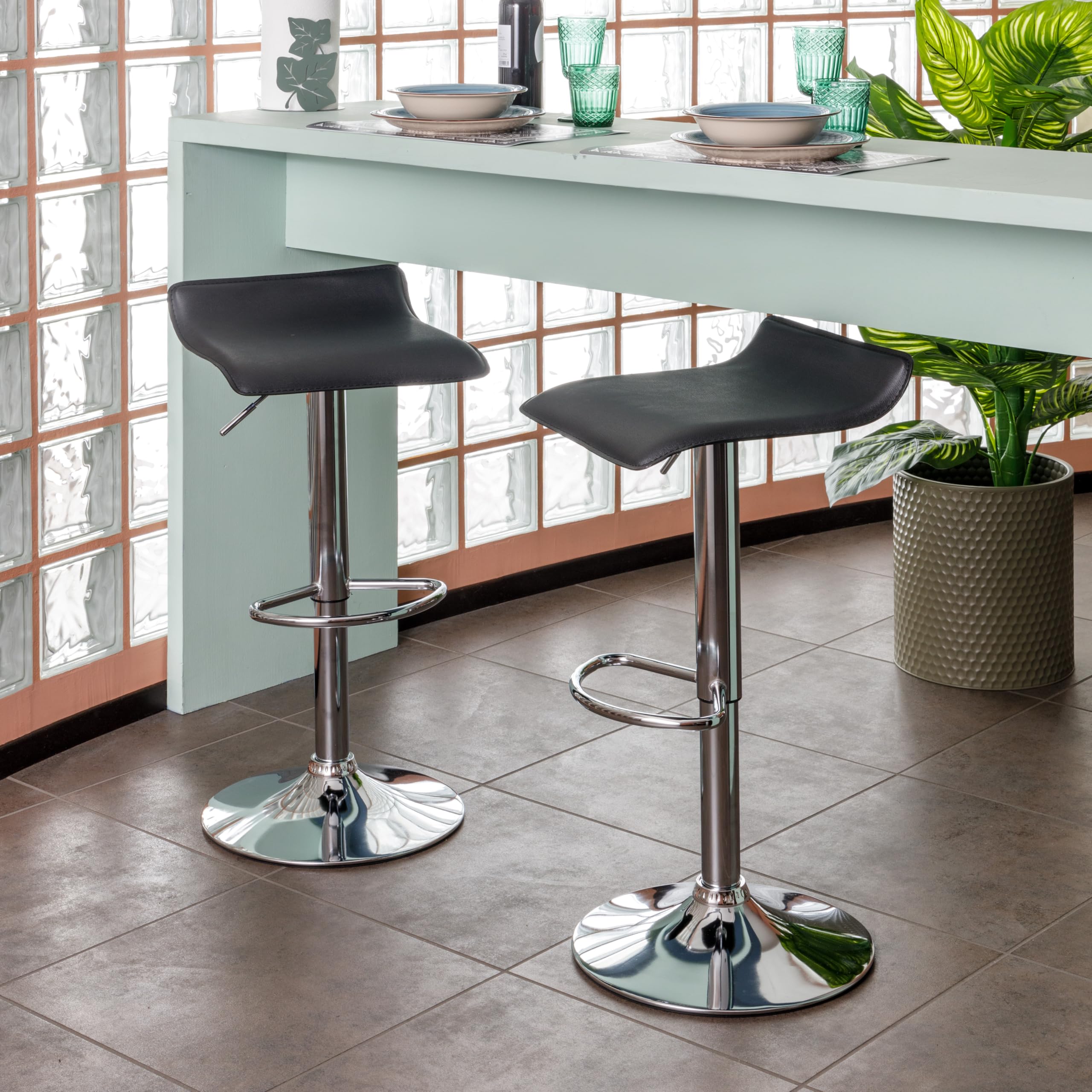 Baroni Home Tabouret de Bar Pivotant avec Hauteur Réglable, Base Chromée avec Repose-Pieds et Fond Anti-Rayures, Tabouret Cuisine et Péninsule, Facile à Installer, 38x45x59-79 cm, Noir 1 pièce