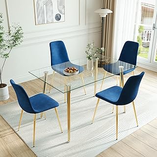 Glass Dining Table Set for 4, 51" Tempered Glass Kitchen Table with 4 Blue Velvet Cushion Chairs, Modern Dining Room Set for Living Room, Kitchen, Apartment (Gold Legs)