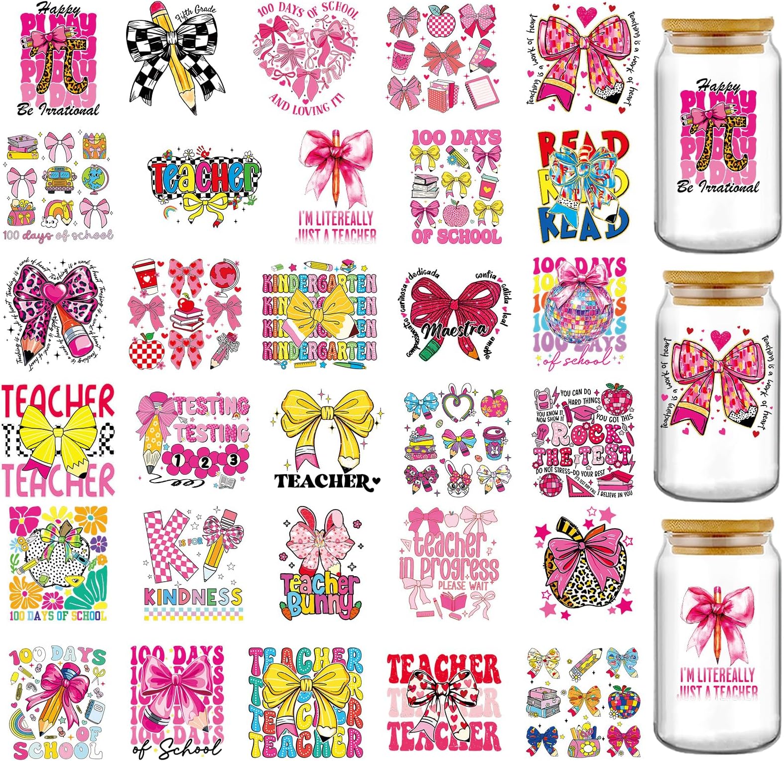 AFRITEE UV DTF Cup Wrap - 30 Sheets Teacher UV DTF Cup Wraps for 16 oz Glass Coffee Mugs, Vintage Leopard Print Bows Transfer Stickers Decals DIY Water Bottle Tumbler Craft Gift for Teacher