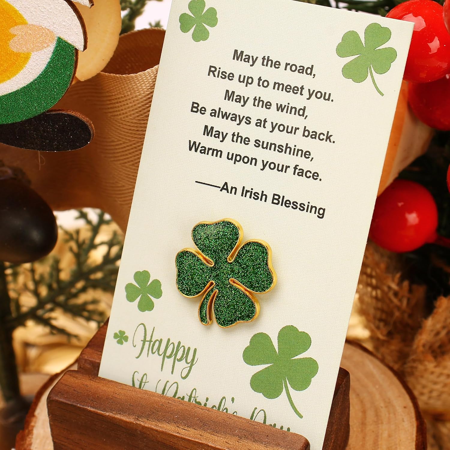 25/50/100 Sets St. Patricks Day Lapel Pins Bulk Four Leaf Clover Pins Irish Shamrock Pin Brooches With Blessing Cards for St. Patrick’s Day Gift Party Favors Jewelry Accessories - Image 4