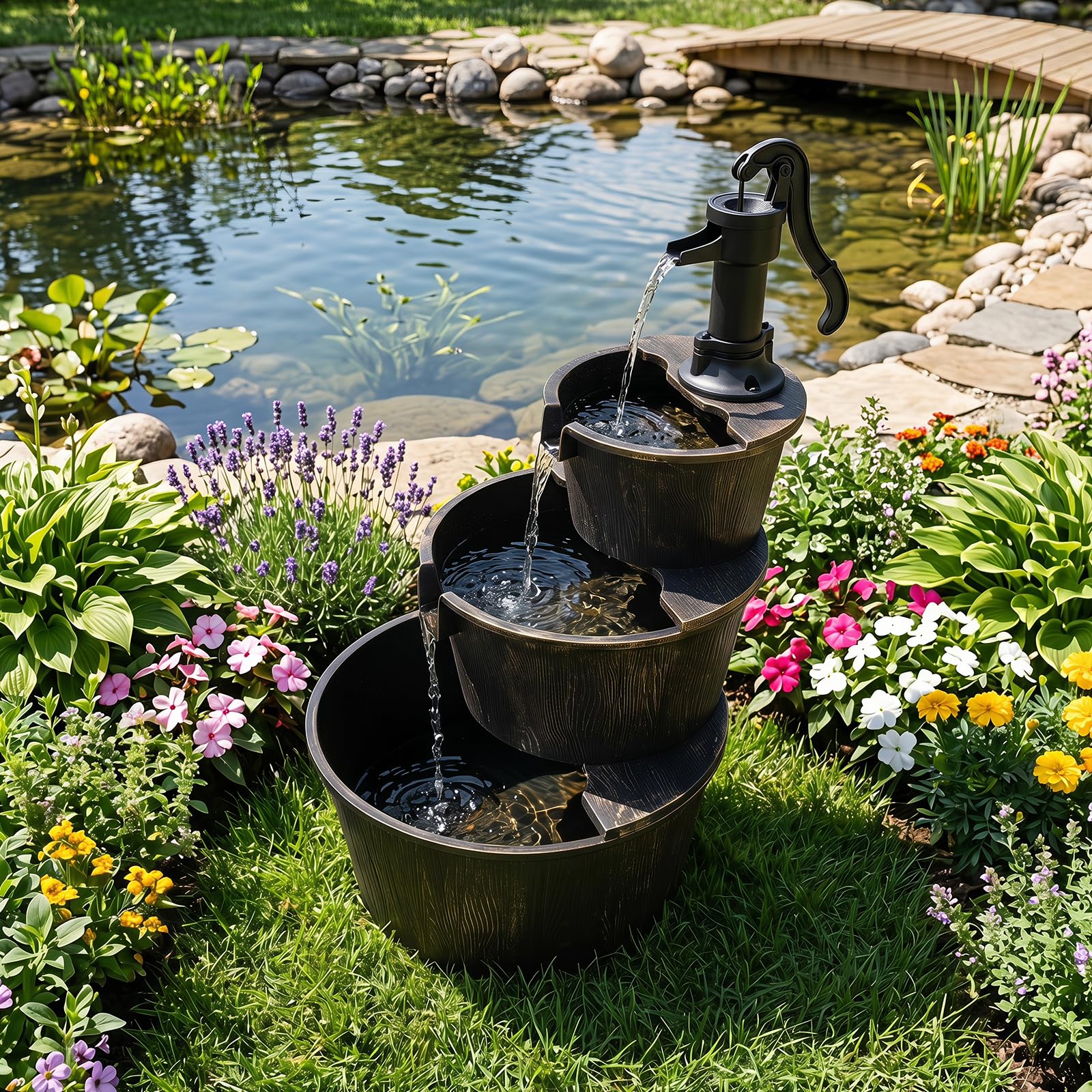 COSTWAY Fontaine de Jardin à 3 Niveaux en Baril avec Pompe Réglable