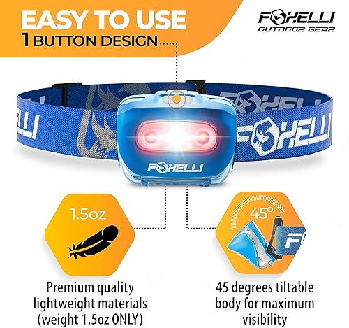 Miniatura 37 de Foxelli Linterna LED para adultos y niños, correr, campamento, senderismo con luz blanca y roja, faro ligero impermeable con diadema cómoda, 3