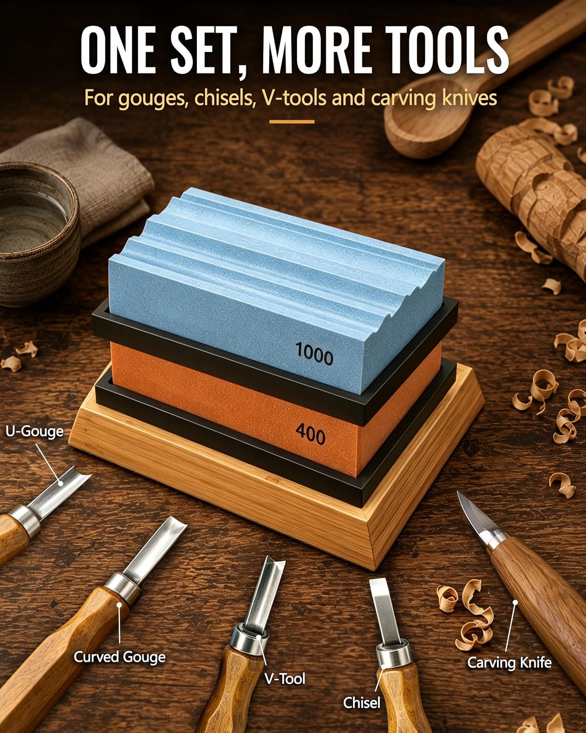 Sharpening Stones for Wood Carving Tools | 400&1000 Grit Multi-Groove Waterstone Set for Chisels, Gouges & Carving Knives with Non-Slip Bamboo Base
