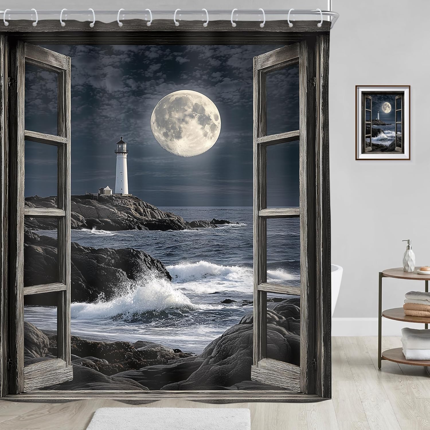 Riyidecor Night Beach Lighthouse Shower Curtain Moon Ocean Sea Night Blue Coastal Seaside Seashore Window Landscape 60Wx72H Inch Fabric Decor Bathroom Polyester Waterproof 12 Pack Hooks