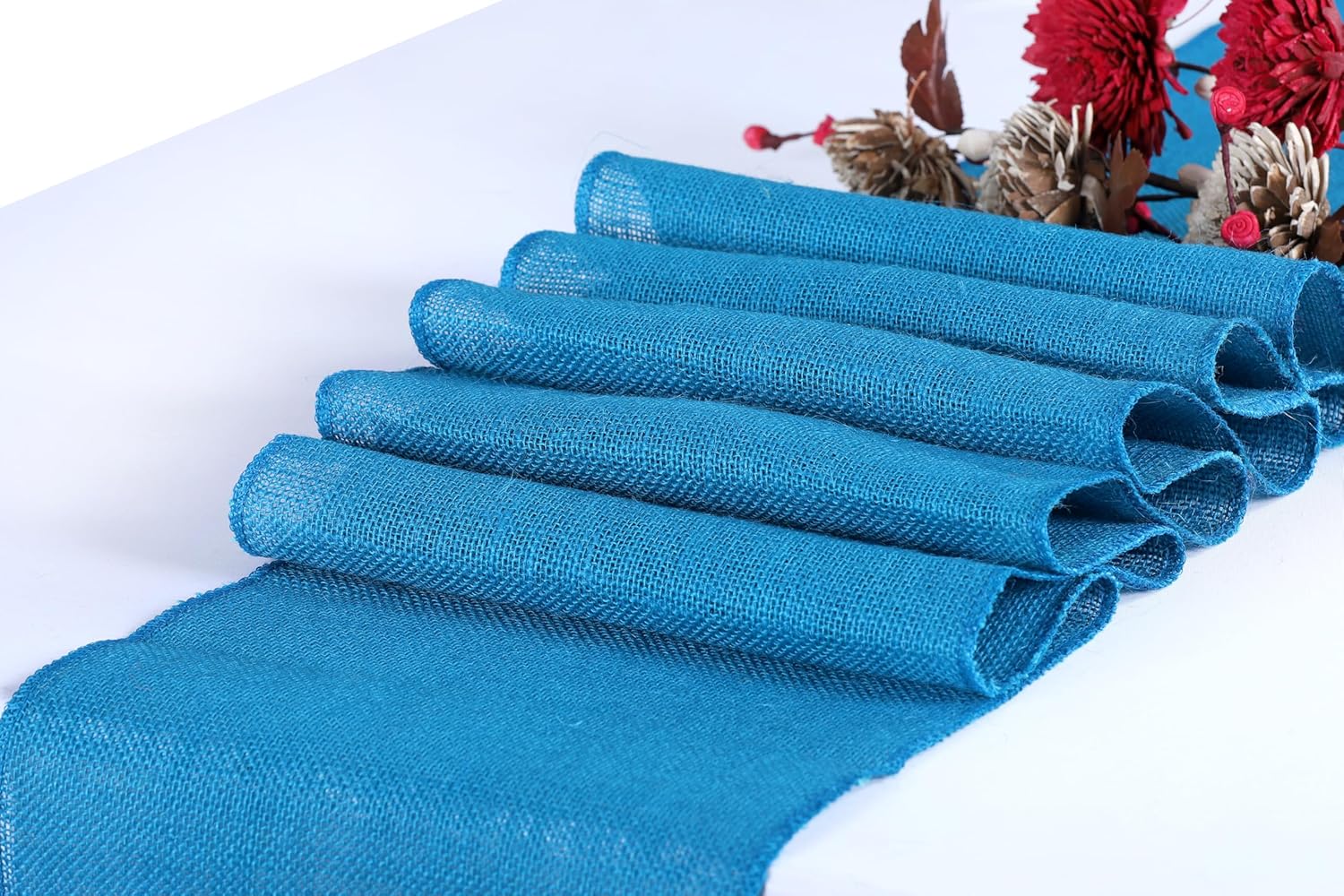 MDS 12 PCS 100% Natural Burlap Table Runners 12 x 72 Inch Rustic Farmhouse Country Vintage Boho Jute Runner for Wedding Home BBQ's Coffee Tea Party Dinning Table Decorations - Teal