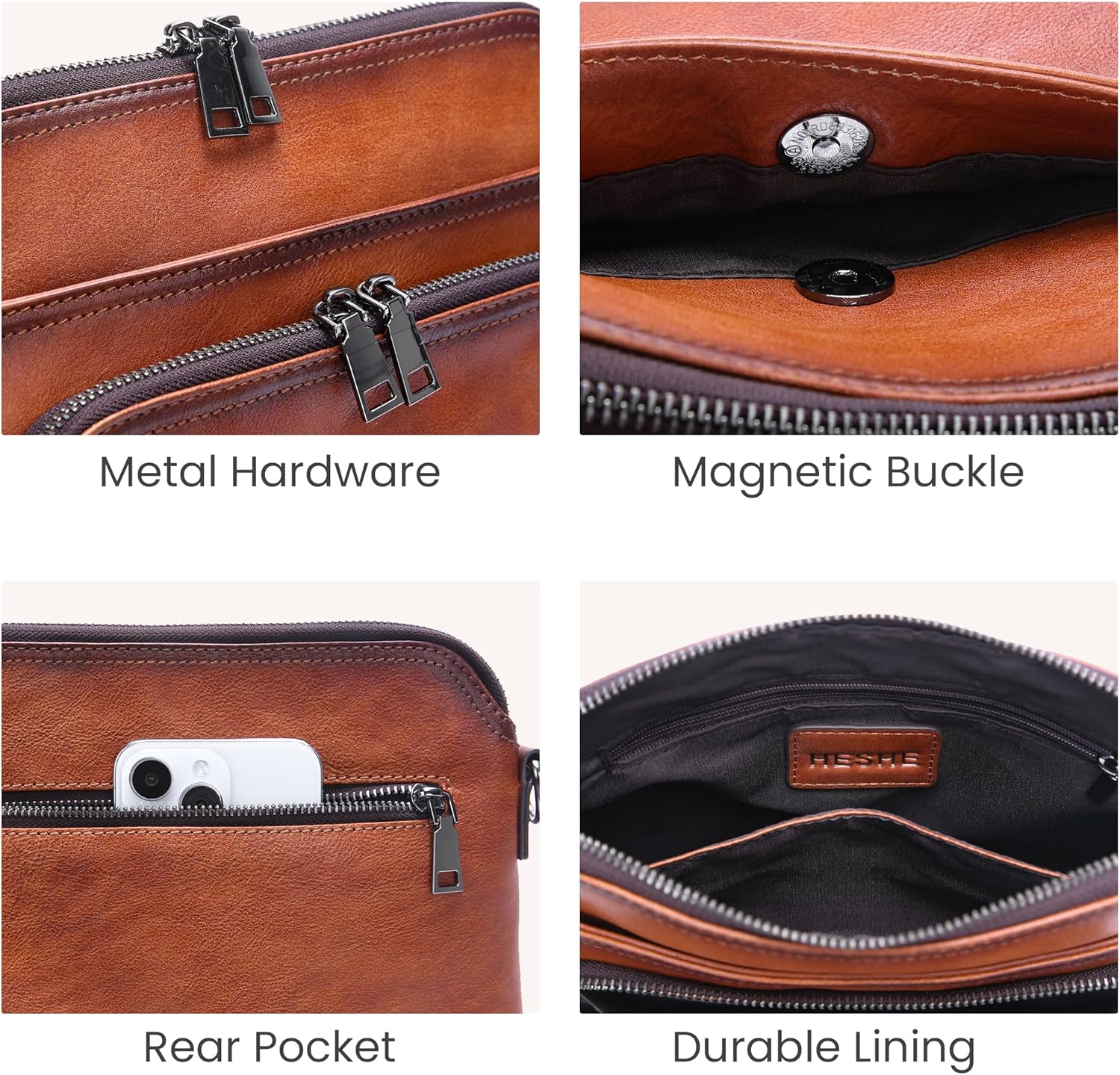 HESHE Genuine Leather Crossbody Bags for Women Satchel Purses Shoulder Handbags with 2 Adjustable Strap Hobo Purse - Image 7