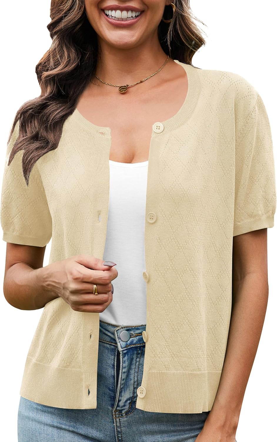 VIISHOW Women's Summer Lightweight Short Sleeve Cardigan Crochet Knit Shrug Open Front Crew Neck Button Up Casual Tops