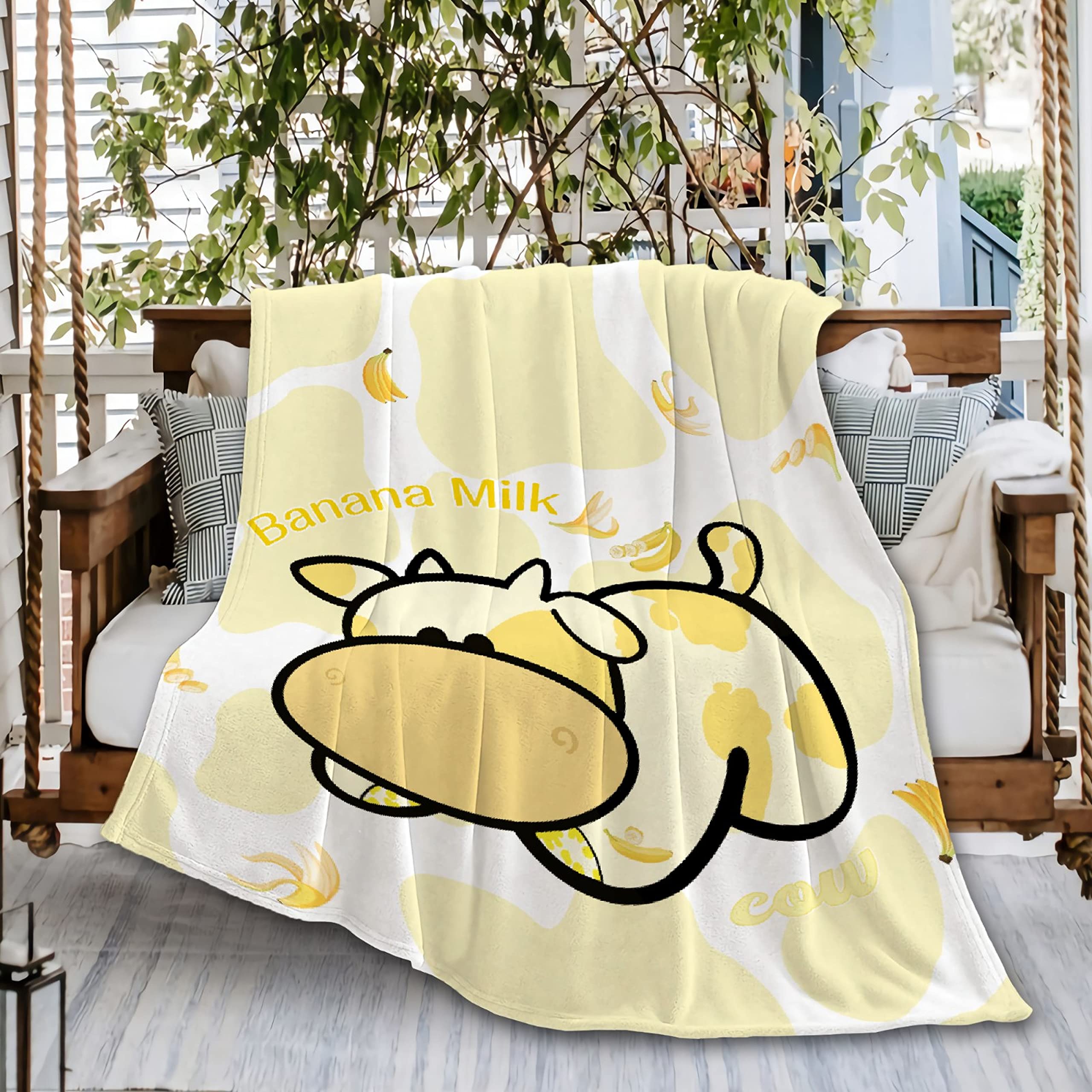 Cute Banana Milk Cow Yellow Ultra Soft Flannel Fleece Throw Blankets, Microfiber Comforter Outdoor Moving Cover for Beach Picnic Couch Large 80''x60'' (Queen) Adult — image 1