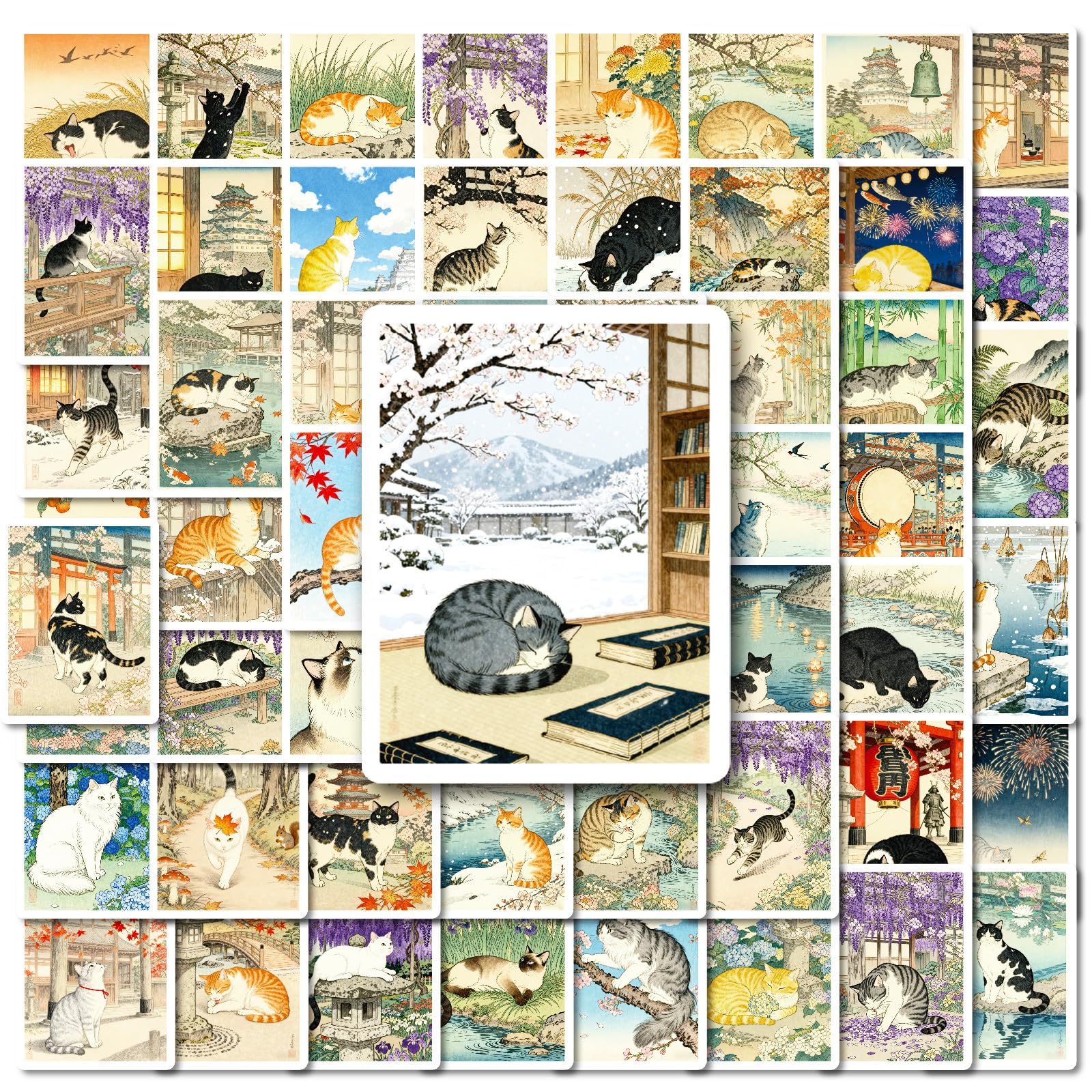 56pcs Japanese Cat Stickers for Laptop Water Bottle, Vintage Animal Stickers Vinyl Waterproof Decals for Scrapbooking Phone Skateboard Suitcase (Multicolor-A)