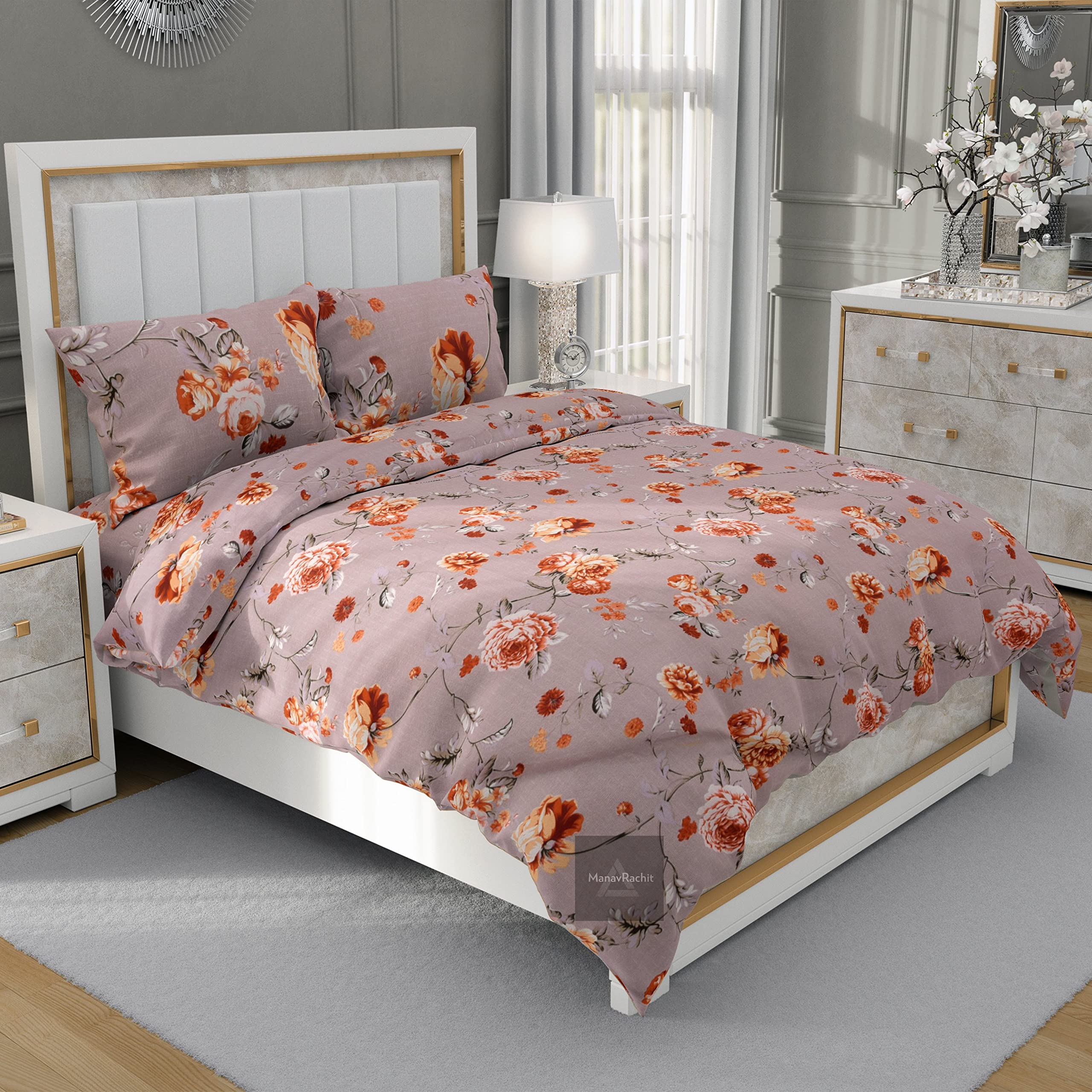 ManavRachit 100% Cotton 210 TC BedSheet with 2 Pillow Covers (90 x 100 inches) Floral Printed King Size Double Bed for Home & Living Room(Pink)