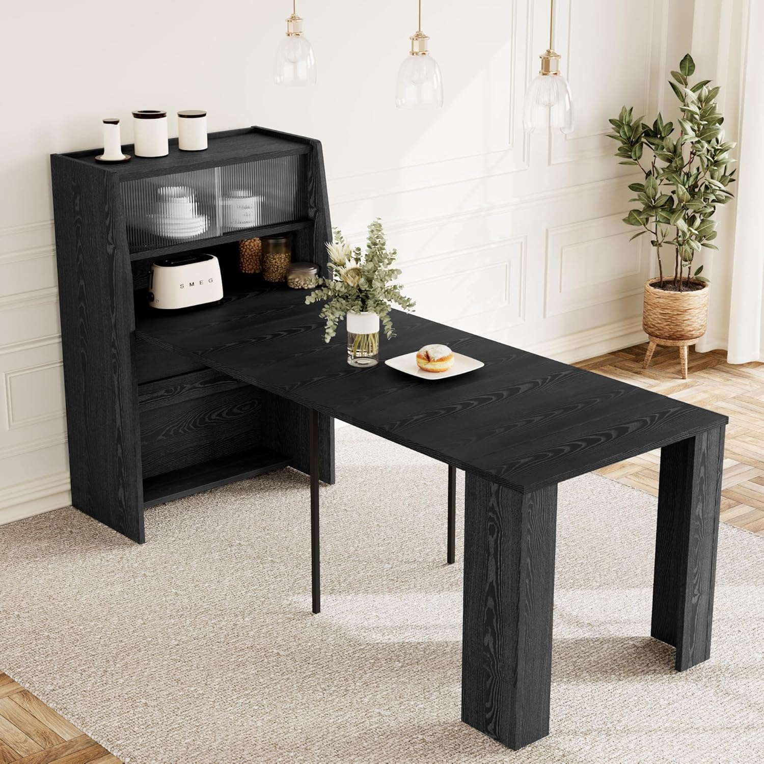 86.6" Extendable Dining Table Seats 4-6, Foldable Kitchen Table with Storage Cabinet for Small Spaces, Multifunctional Console Table with Built-in Shelf, Modern Black Finish (Black Table Only)
