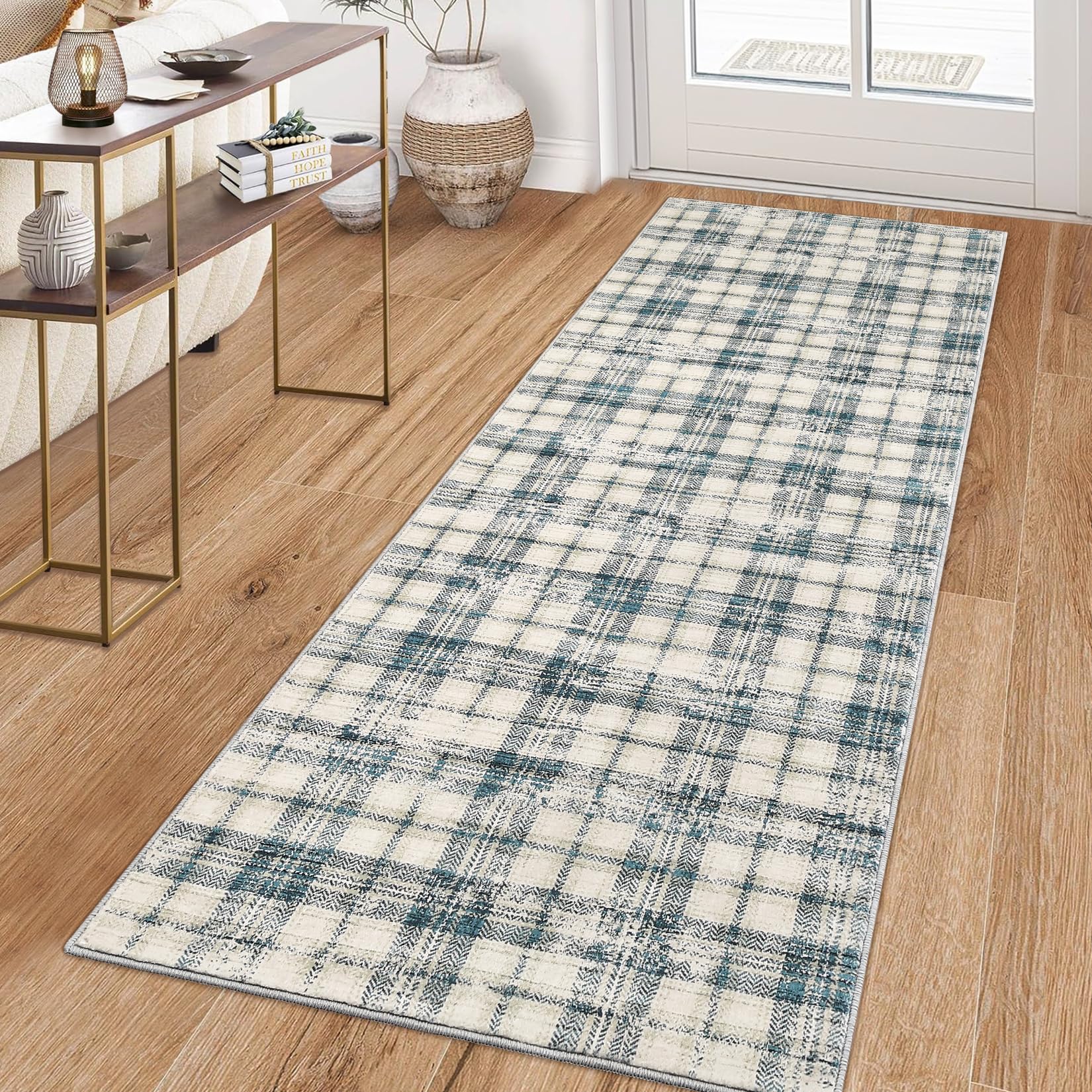 LUXLOOM Washable Rugs Runner Rug 2x6 Modern Plaid Area Rug Soft Carpet 2'x6' Green/Beige โ image 1