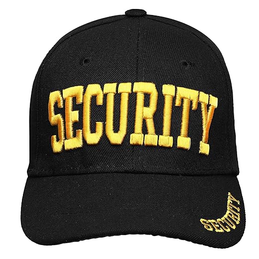 Security Hat Baseball Cap - Gold or White Embroidery Security Front, Bill & Back - Adjustable Size