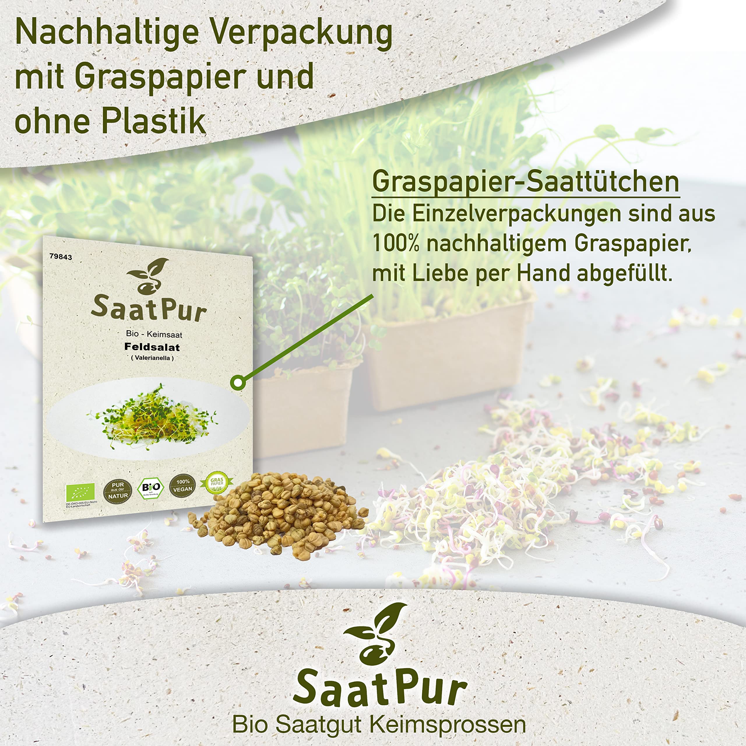 Bio Sprossen Samen Feldsalat - 100% Bio Keimsprossen - Microgreens mit hoher Keimkraft - Kleines Tray mit 20 Portionstüten je 10g