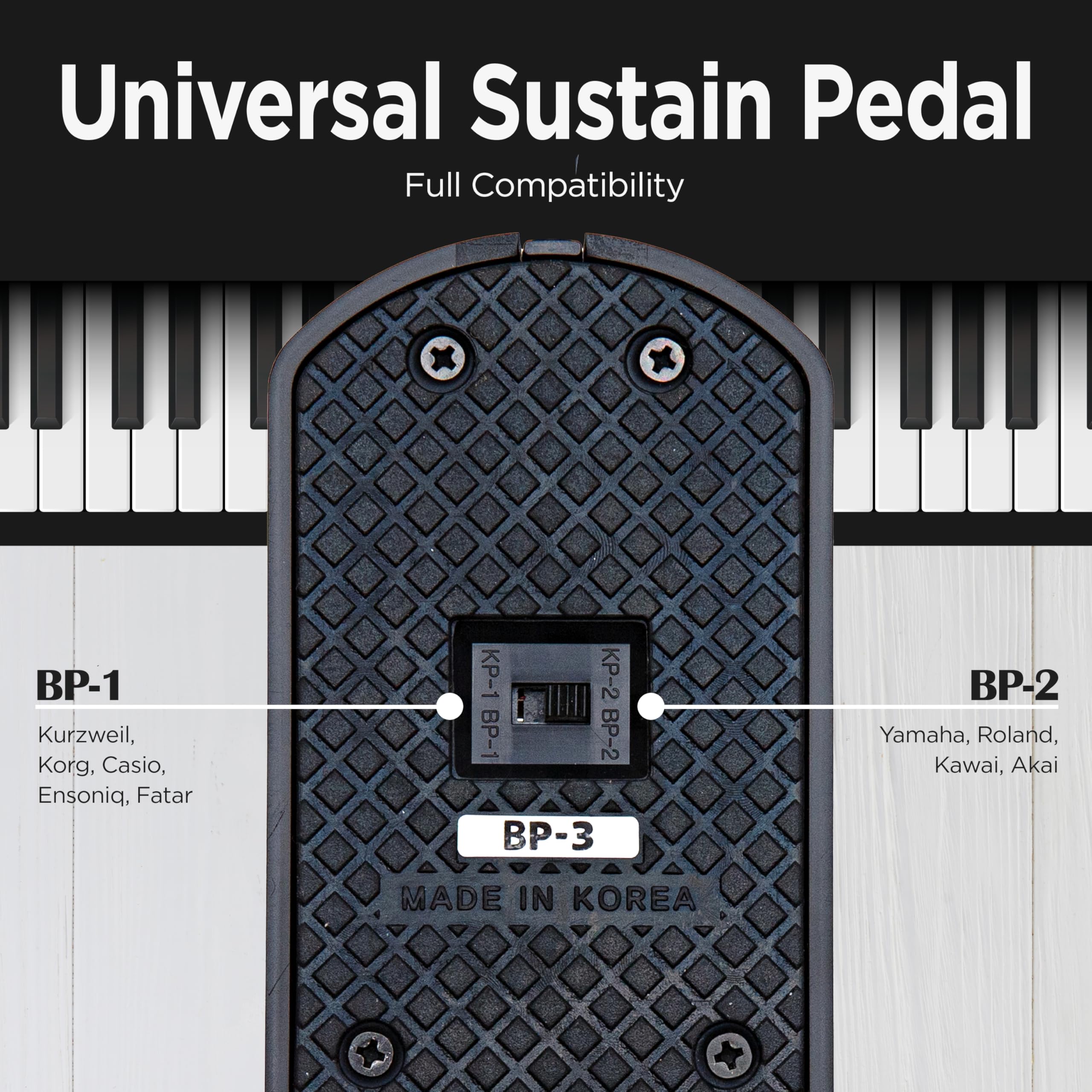 VALDI BP-3 - Pedal de sostenimiento (negro) - Pedal universal para piano de teclado, pianos digitales, teclados MIDI y sintetizadores - Interruptor de conversión para todas las marcas - Jack de 1/4