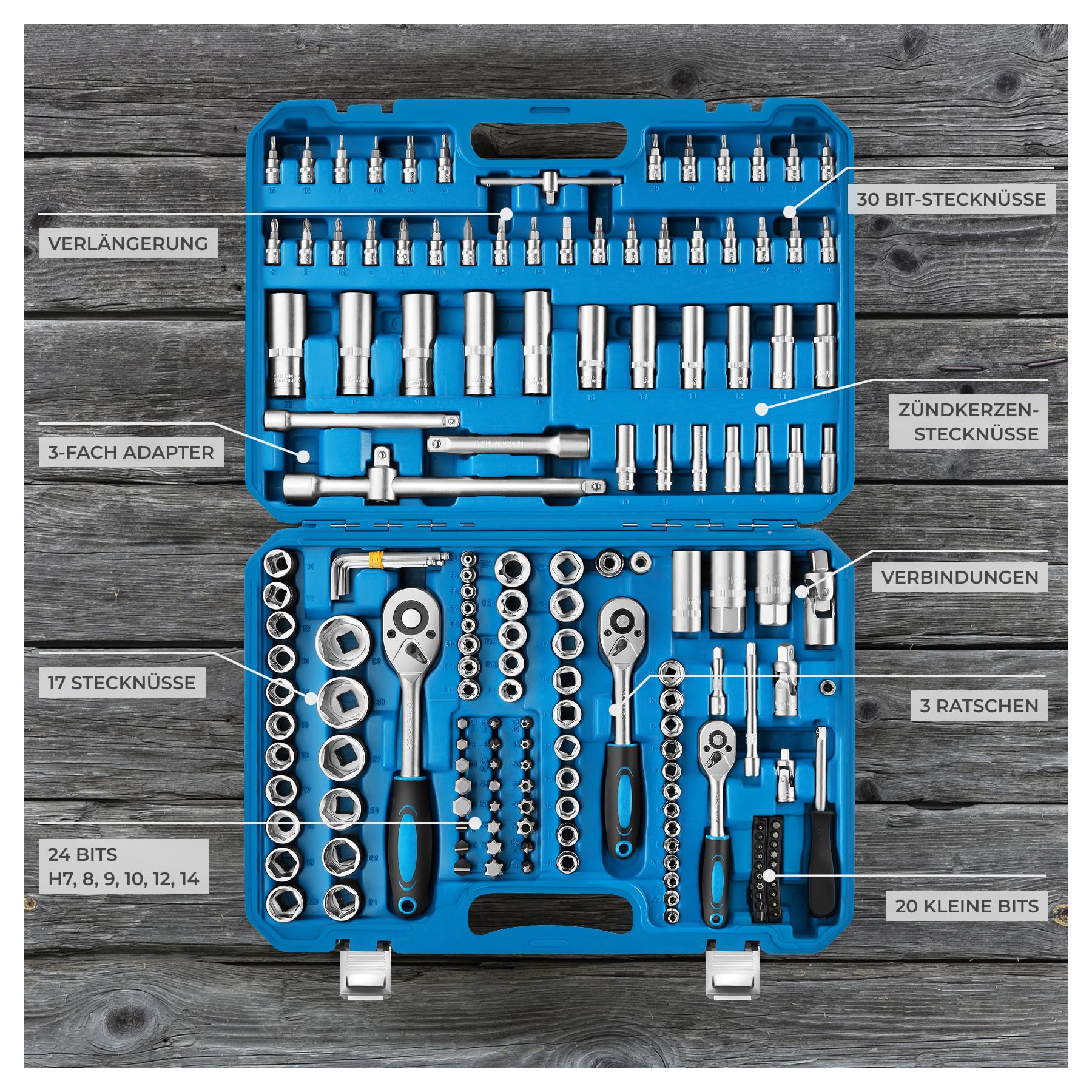 tectake® 171 tlg. Knarrenkasten 1/4, 3/8 und 1/2 Zoll Nusskasten, Ratschenkasten, Steckschlüssel Set, Werkzeugkoffer gefüllt, Ratschenschlüssel Set, Werkzeug Set aus Chrom Vanadium Stahl, Heimwerken