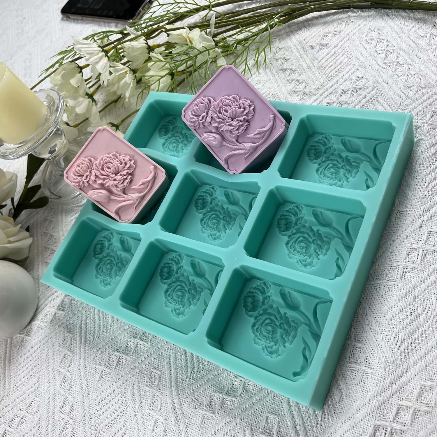 9 Cavities Carnation Flower Silicone Mold Tray for Natural Soap Making,Flower Soap Molds Candle Wax Molds,Handmade Silicone Soap Mold Chocolate Cake Baking Tools (IB-9Carnation soap Mold)