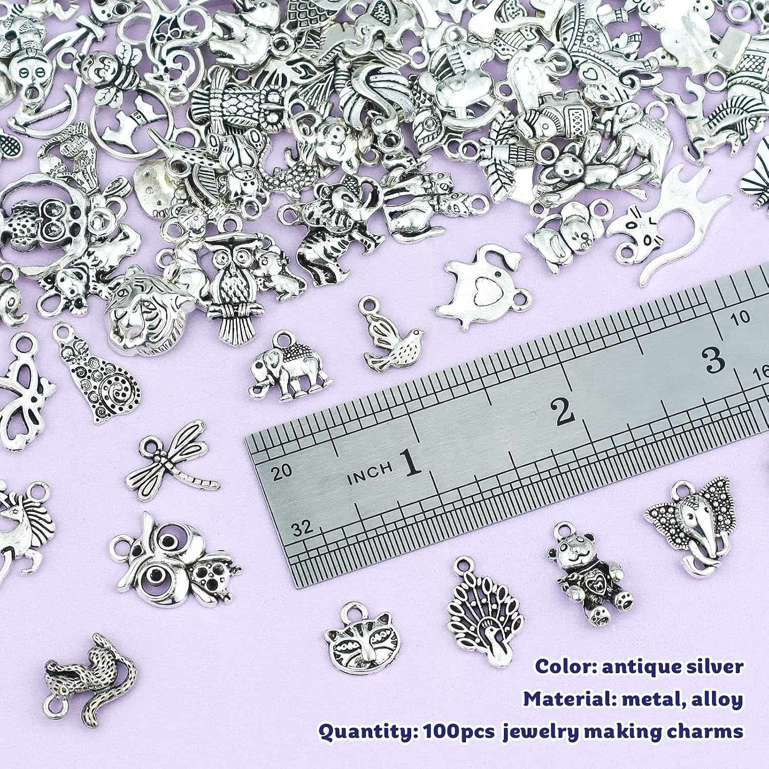 JIALEEY Wholesale 100 PCS Mixed No Repeated Silver Pewter Smooth Metal Charms Pendants DIY for Necklace Bracelet Dangle Jewelry Making and Crafting, Animal Charms image 3