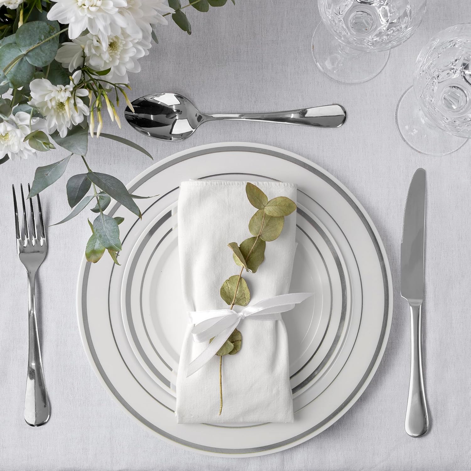 SETUP 240 Piece Combo White Silver Rimmed Plastic Plates - Premium Heavy-Duty for Party and Wedding, 120 Disposable 10.25" Dinner and 120 7.5" Salad Plates