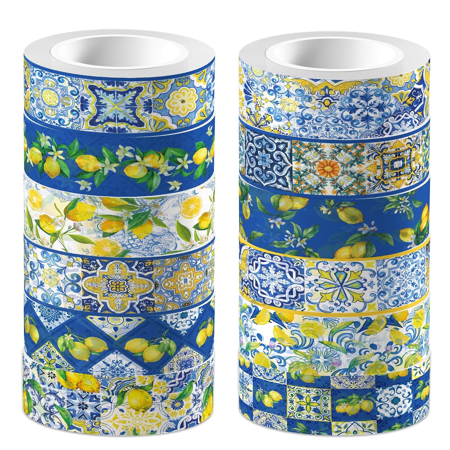 Bolsome 12Rolls Lemon Washi Tape Blue Tiles Yellow Lemon Printed Decorative Washi Tape Summer Fruits Adhesive Stickers for Wedding Bridal Shower for Scrapbook Journal DIY Craft