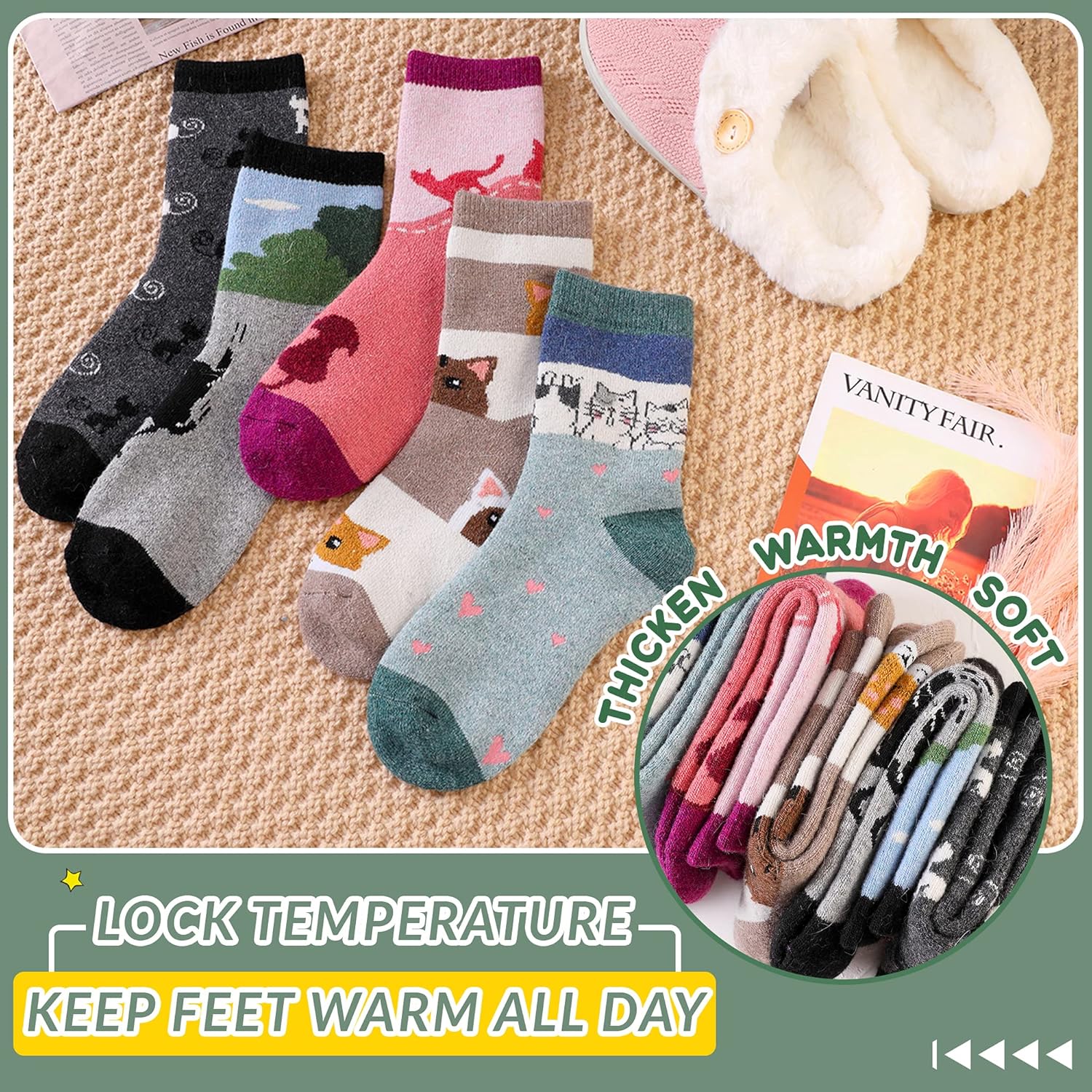 Velice Wool Socks for Women Merino Wool Boot Hiking Thick Thermal Warm Winter Crew Cushion Cozy Work Socks 5 Pairs - Image 3