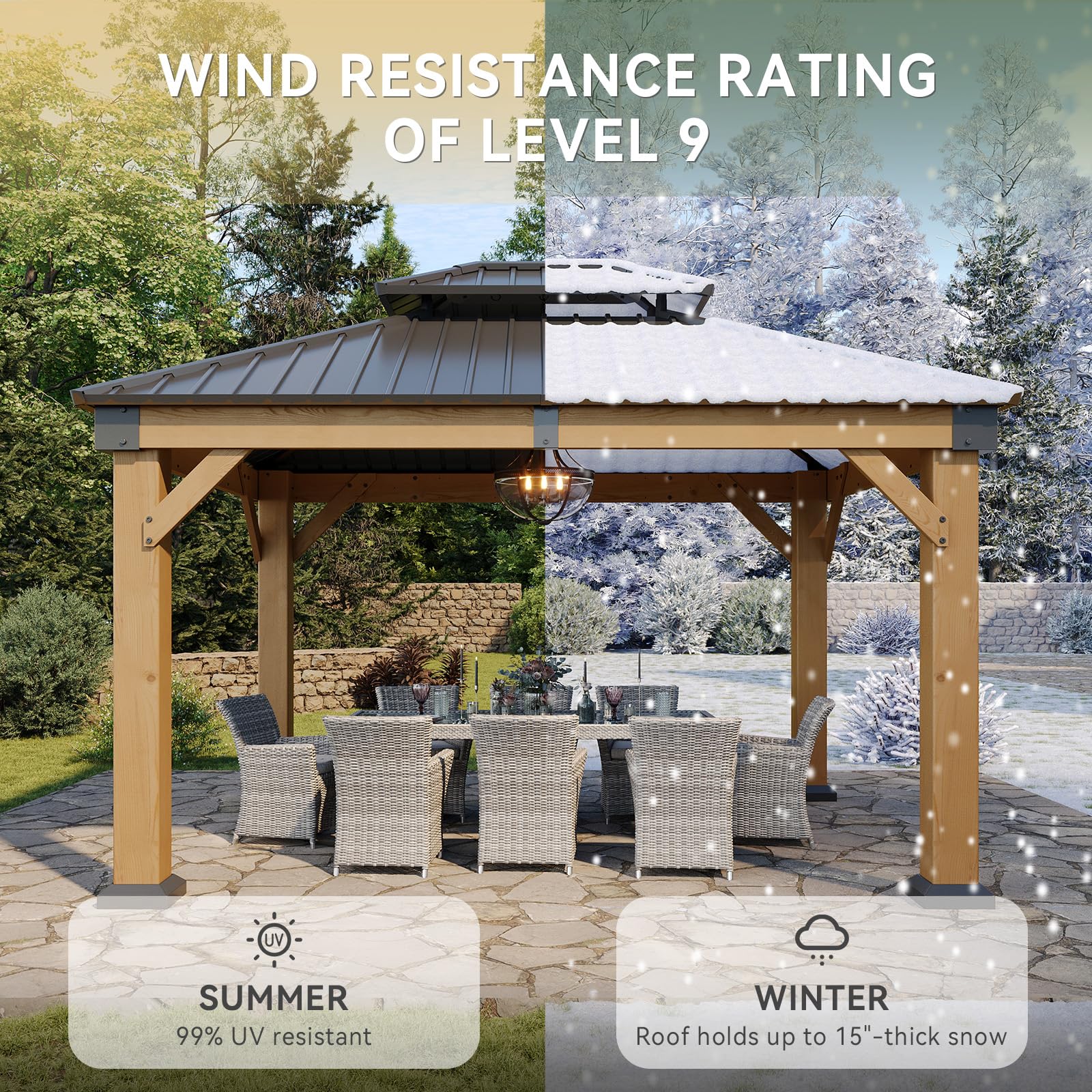 Aoxun 10' x 12' Outdoor Wood Gazebo, Hardtop Gazebo Permanent Wooden Pavilion with Galvanized Steel Double Roof, for Pat — product photo