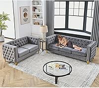 Vista 12 de Juego de 2 sofás de terciopelo gris de 81 pulgadas de 3 plazas, botones copetudos y brazo cuadrado, cabezas de uñas doradas con incrustaciones y 4