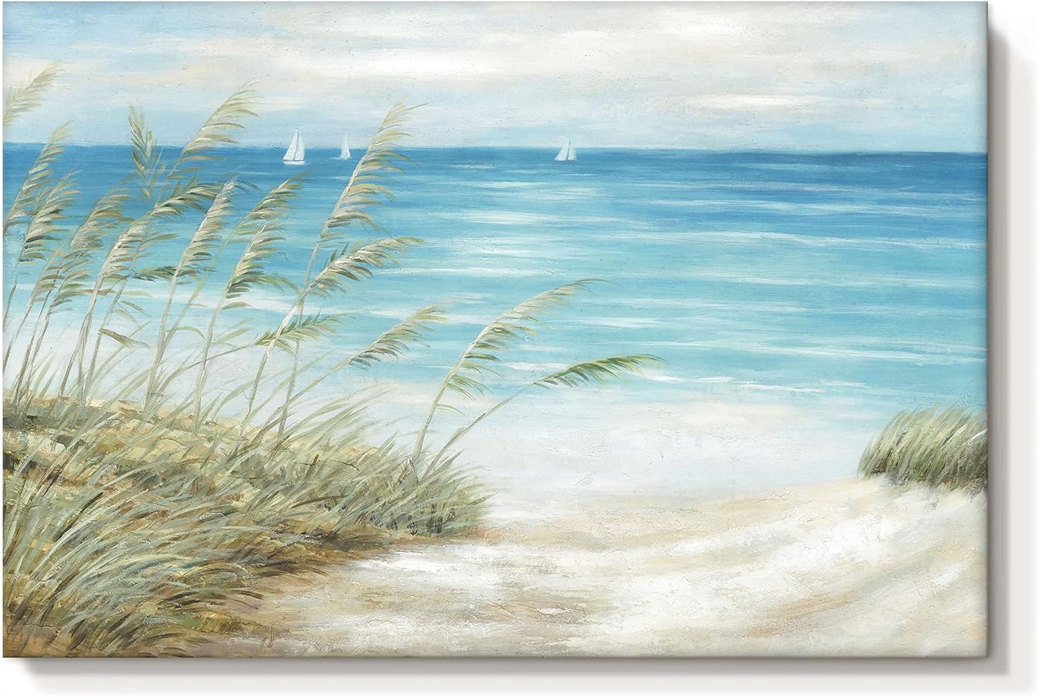 Beach Coastal Canvas Wall Art: Sea Reed Hand Painting Vintage Abstract Blue Ocean Boat Nautical Pictures Modern Seascape Grass Path Artwork Decor for Bathroom Bedroom Coastal Reed Canvas Wall Art 36" x 24"